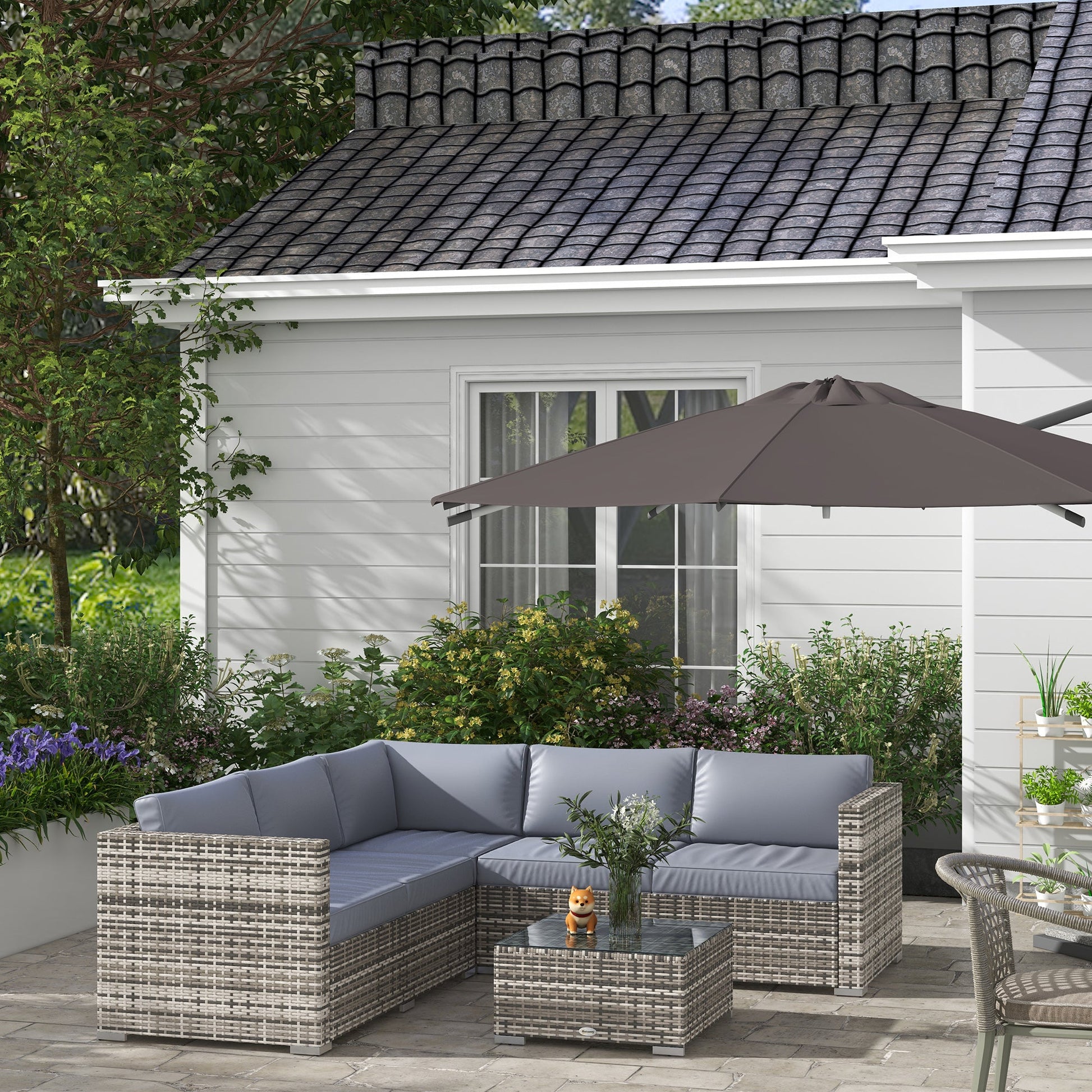 4 Pieces Garden Rattan Furniture Set, Wicker Patio Furniture Outdoor Conversation Set with Corner Sofa Loveseats Coffee Table Cushions for Backyard Pool, Grey