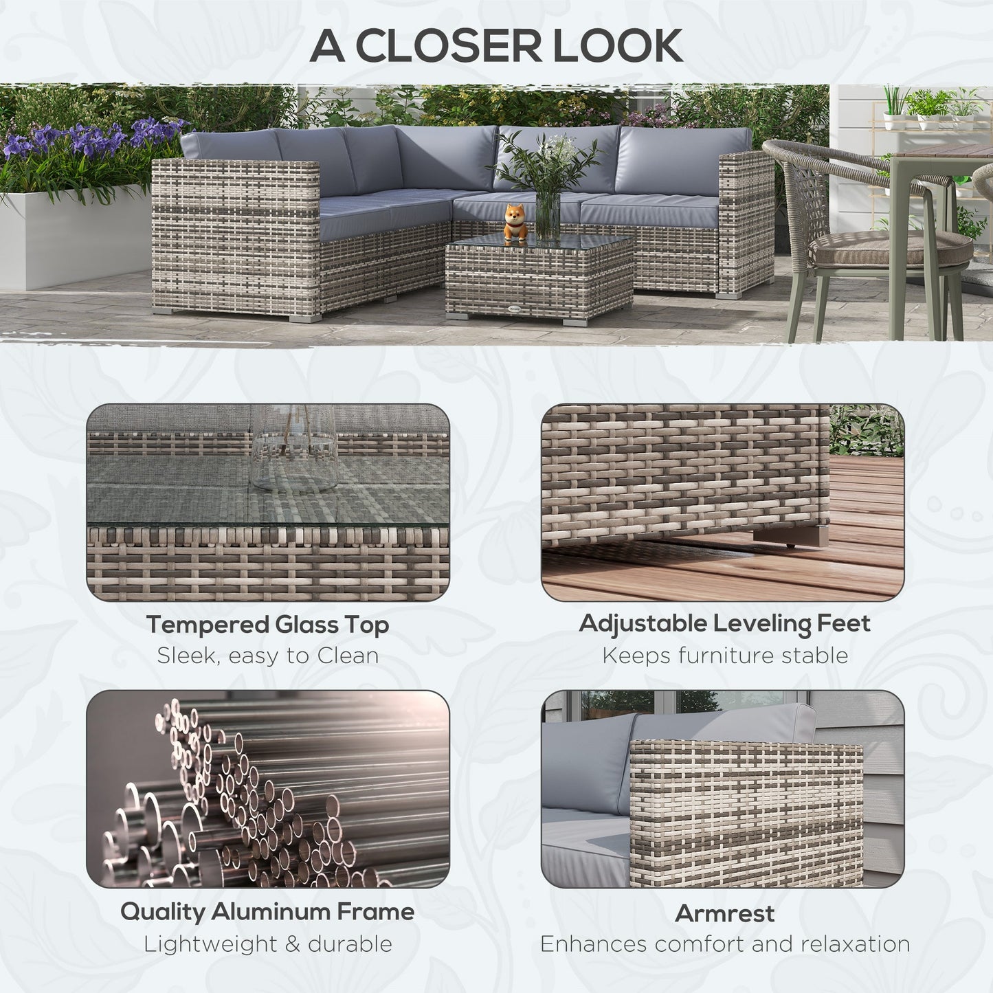 4 Pieces Garden Rattan Furniture Set, Wicker Patio Furniture Outdoor Conversation Set with Corner Sofa Loveseats Coffee Table Cushions for Backyard Pool, Grey