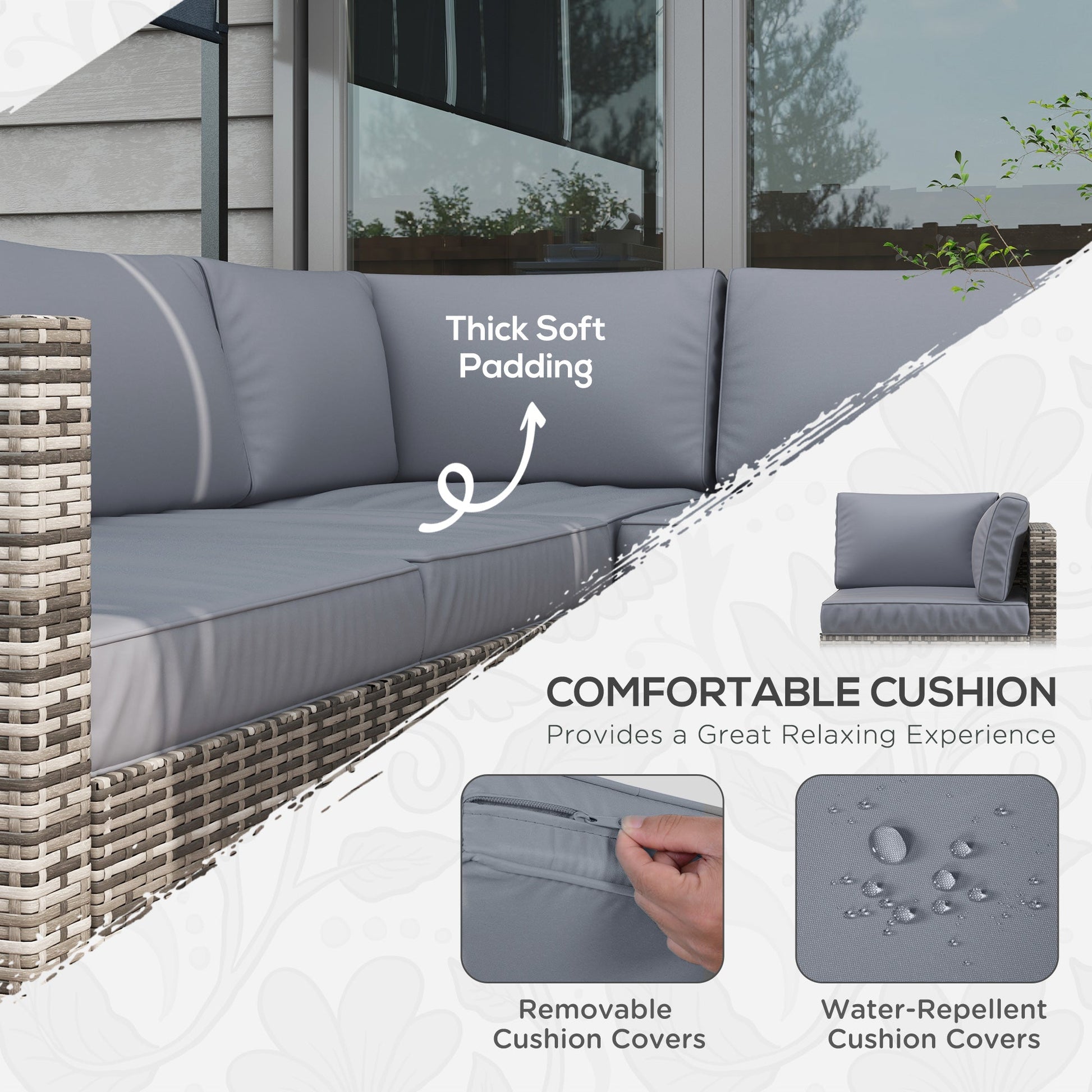 4 Pieces Garden Rattan Furniture Set, Wicker Patio Furniture Outdoor Conversation Set with Corner Sofa Loveseats Coffee Table Cushions for Backyard Pool, Grey