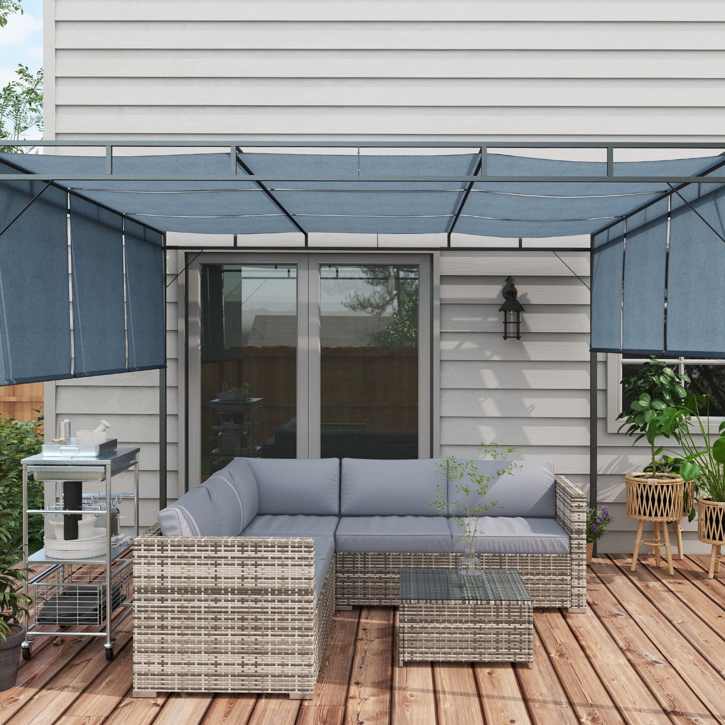 4 Pieces Garden Rattan Furniture Set, Wicker Patio Furniture Outdoor Conversation Set with Corner Sofa Loveseats Coffee Table Cushions for Backyard Pool, Grey