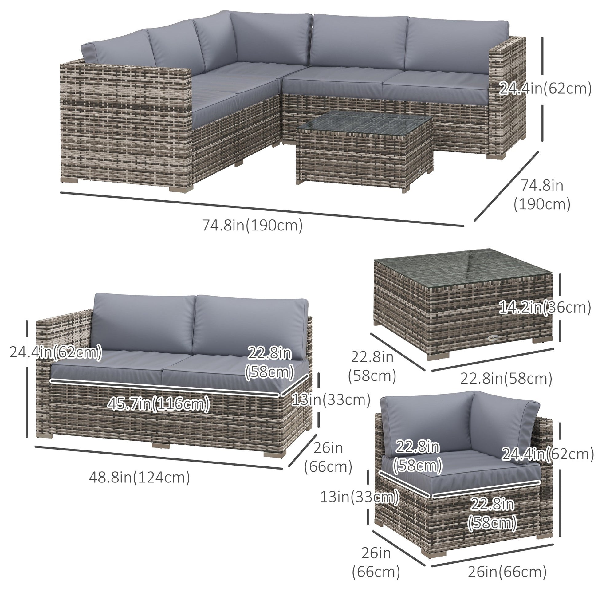 4 Pieces Garden Rattan Furniture Set, Wicker Patio Furniture Outdoor Conversation Set with Corner Sofa Loveseats Coffee Table Cushions for Backyard Pool, Grey