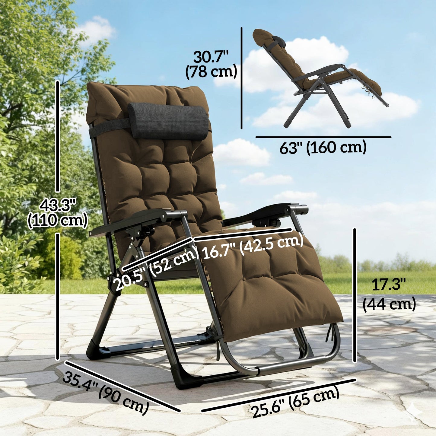 Reclining Zero Gravity Chair with Adjustable Backrest, Folding Garden Sun Lounger, Outdoor Recliner with Removable Cushion and Headrest, Khaki