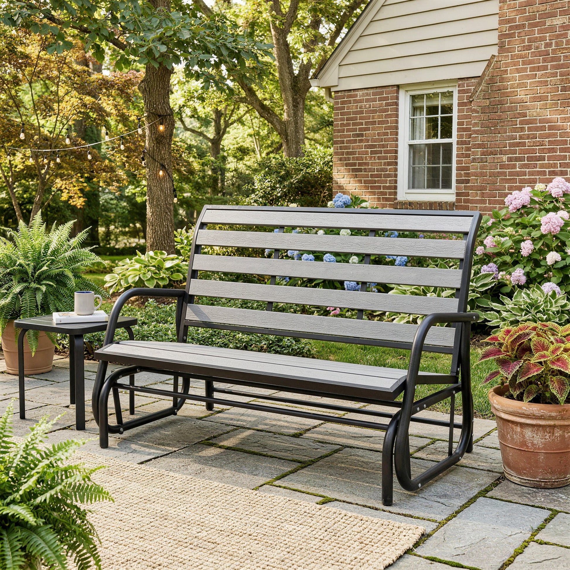 2 Person Outdoor Glider Bench, Patio Glider Swing Loveseat with Faux Wood Slatted Seat and Back, Outdoor Swing Bench with Steel Frame for Backyard, Garden, Porch, Grey