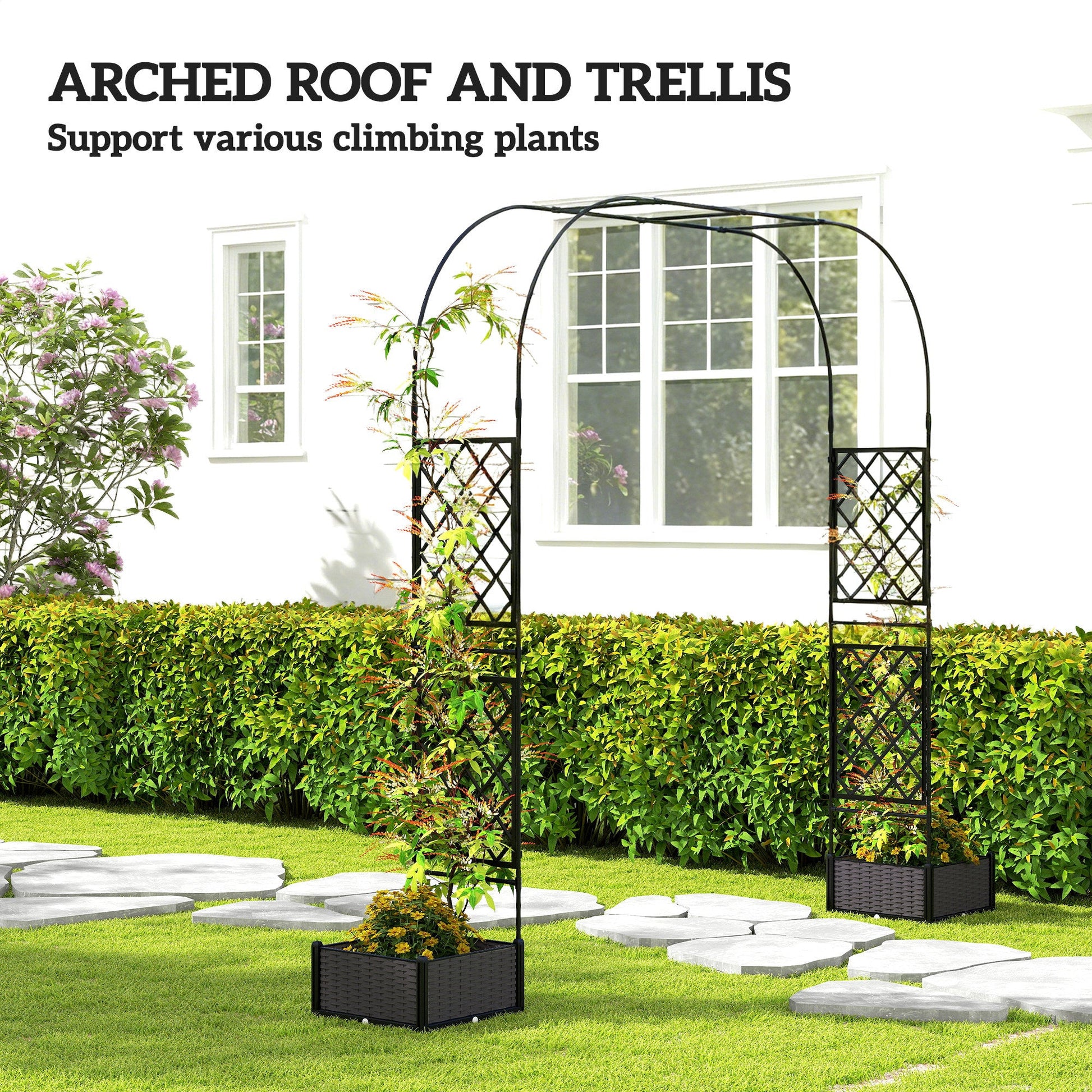 7.2ft Garden Arch with 2 Planter Boxes, PE-Coated Steel Outdoor Trellis Arbor for Climbing Plants, Wedding Arch for Party Outdoor Garden Backyard, Black