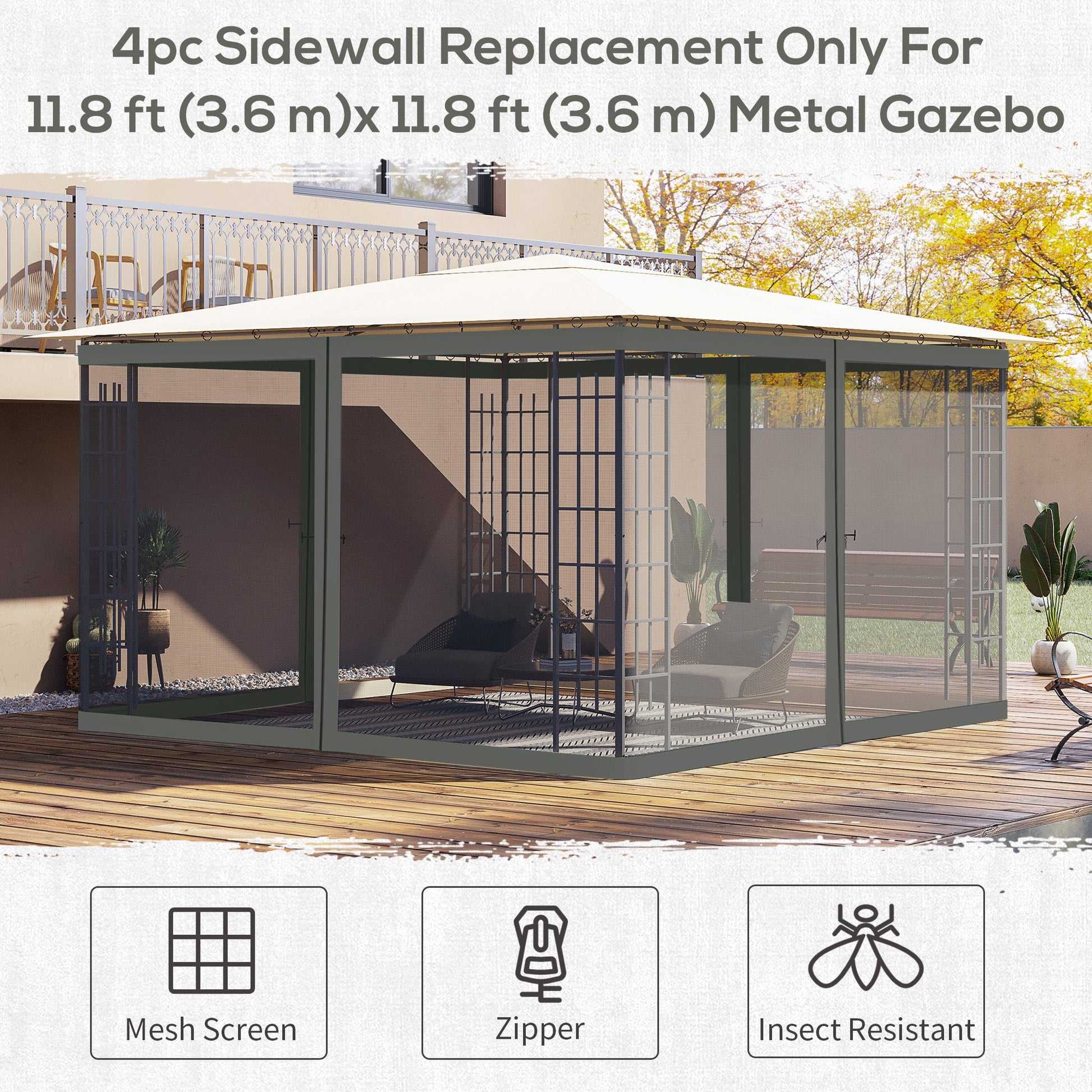 Replacement Mosquito Netting for Gazebo 12' x 12' Black Screen Walls for Canopy with Zippers for Parties and Outdoor Activities, Dark Grey