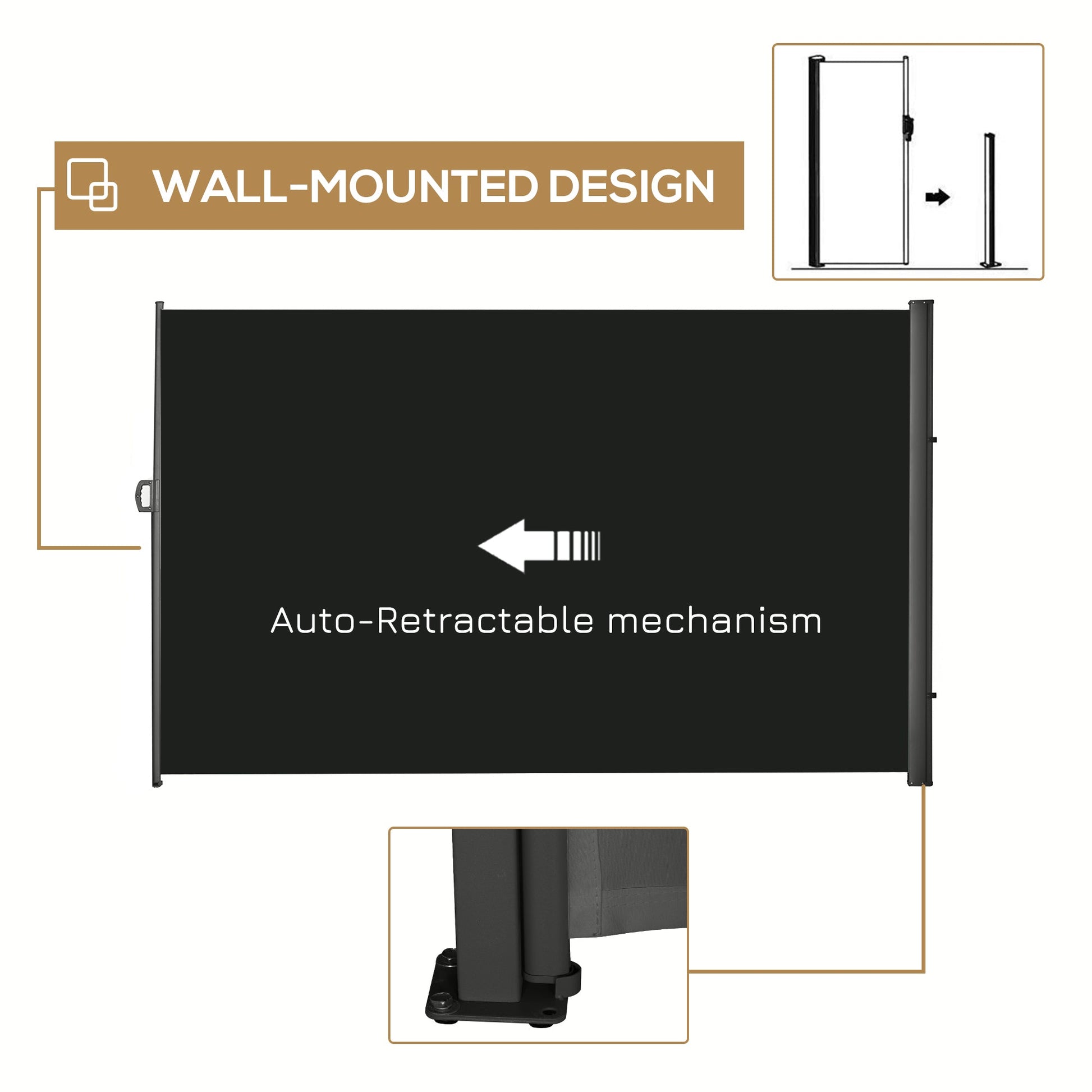 118" x 79" Retractable Side Awning Patio Outdoor Folding Privacy Screen with Resistance to UV Rays & Wind, Black