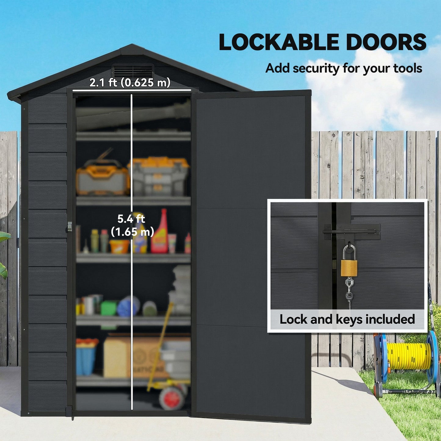 4' x 3' Plastic Garden Shed with Floor, Outdoor Storage Shed with Lockable Door, Window and Vent for Backyard, Patio, Garage, Lawn, Dark Grey