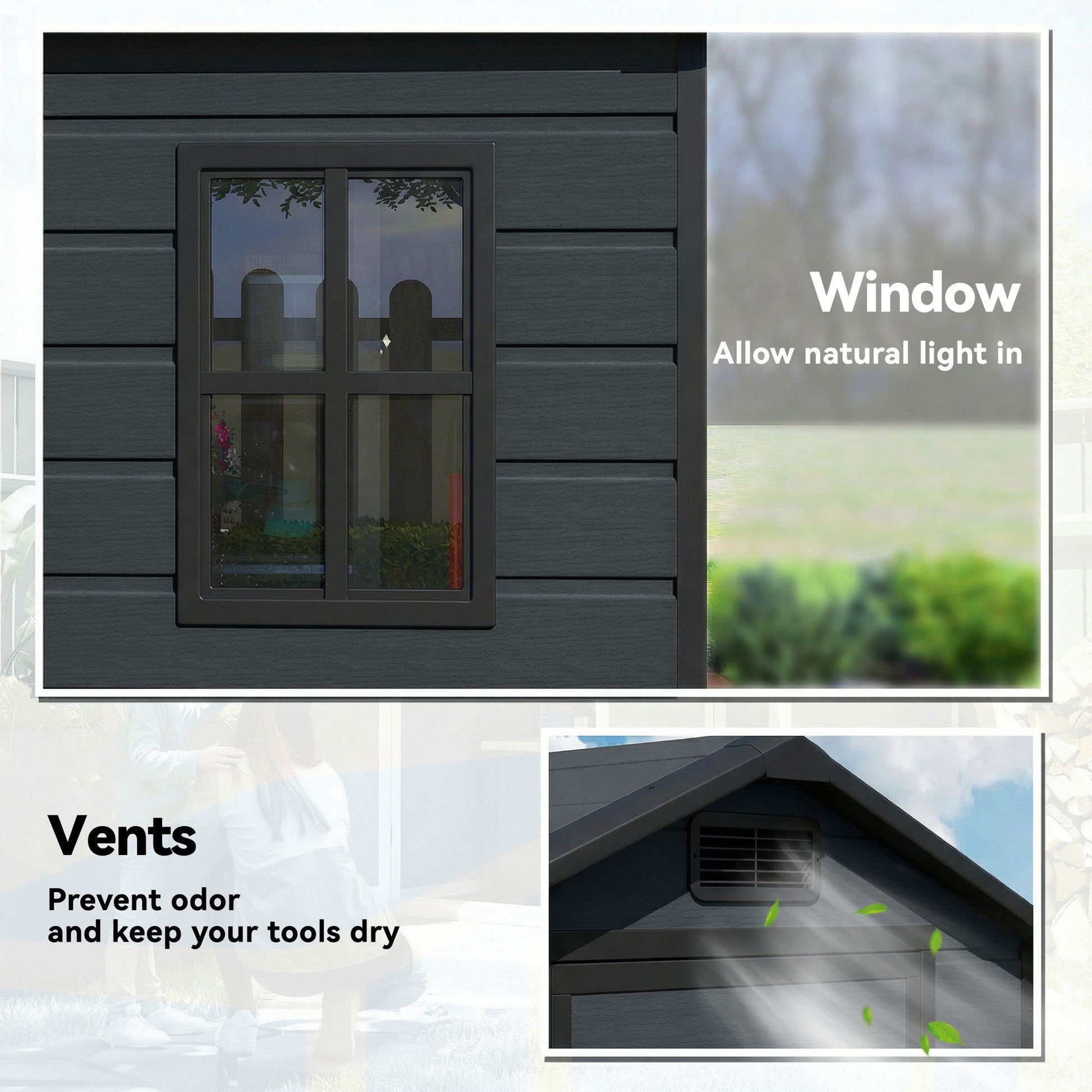4' x 3' Plastic Garden Shed with Floor, Outdoor Storage Shed with Lockable Door, Window and Vent for Backyard, Patio, Garage, Lawn, Dark Grey