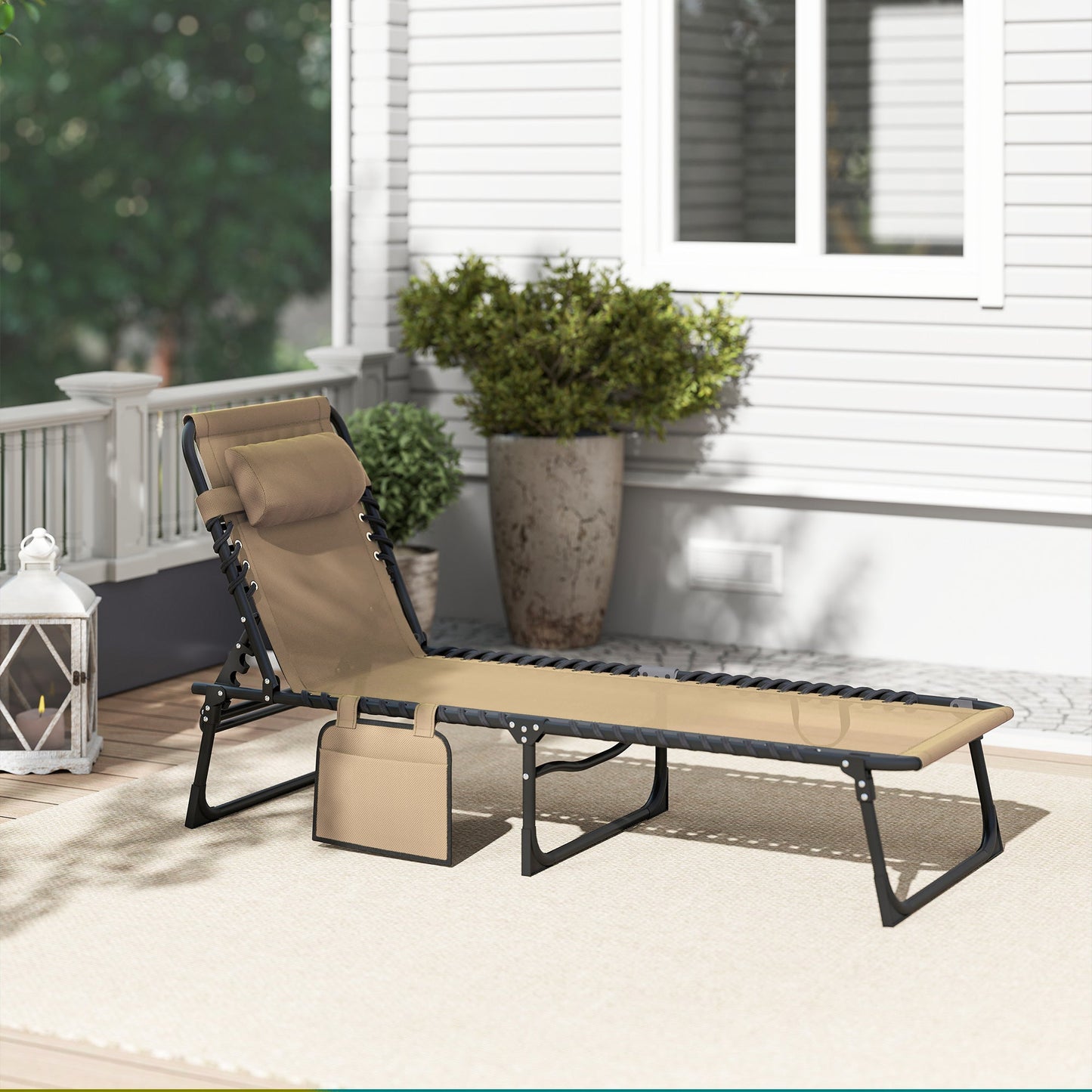 Folding Lounge Chair, Reclining Tanning Chair, Portable Sun Lounger with Adjustable Backrest and Removable Pillow for Patio, Garden, Beach, Beige