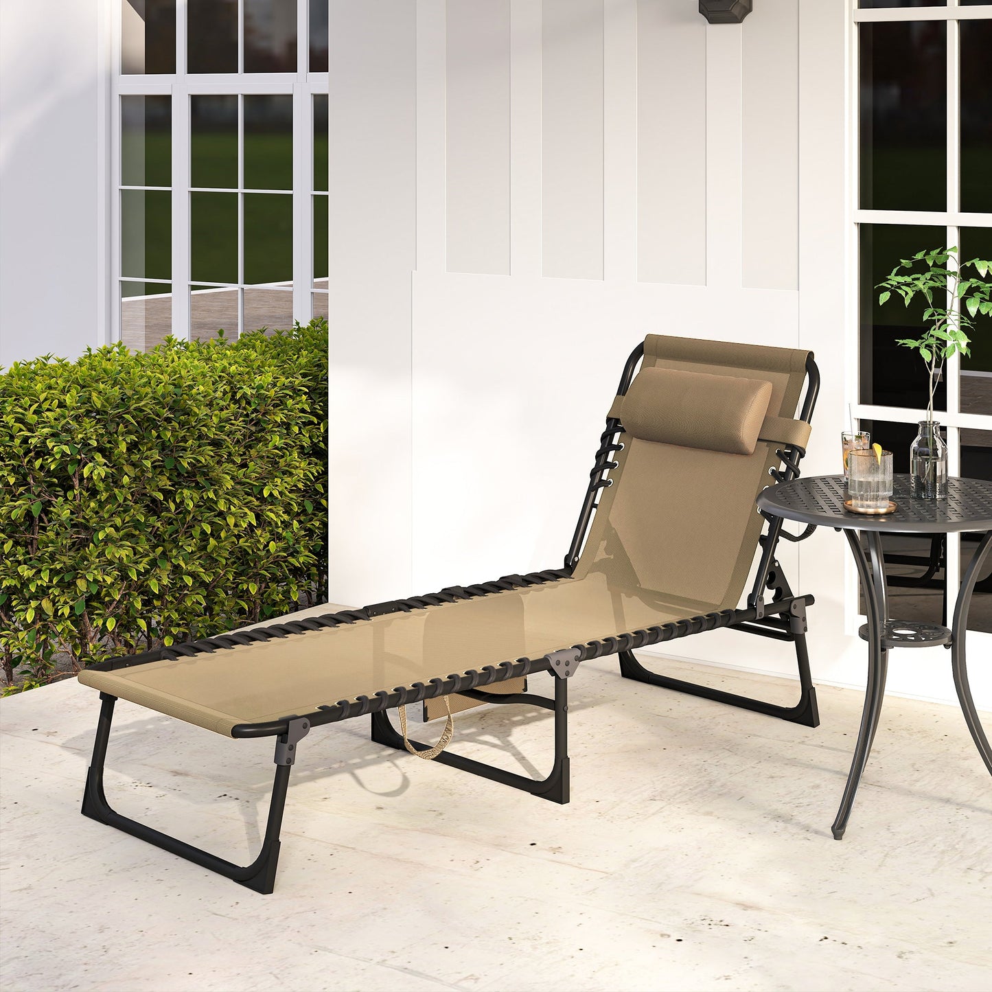 Folding Lounge Chair, Reclining Tanning Chair, Portable Sun Lounger with Adjustable Backrest and Removable Pillow for Patio, Garden, Beach, Beige