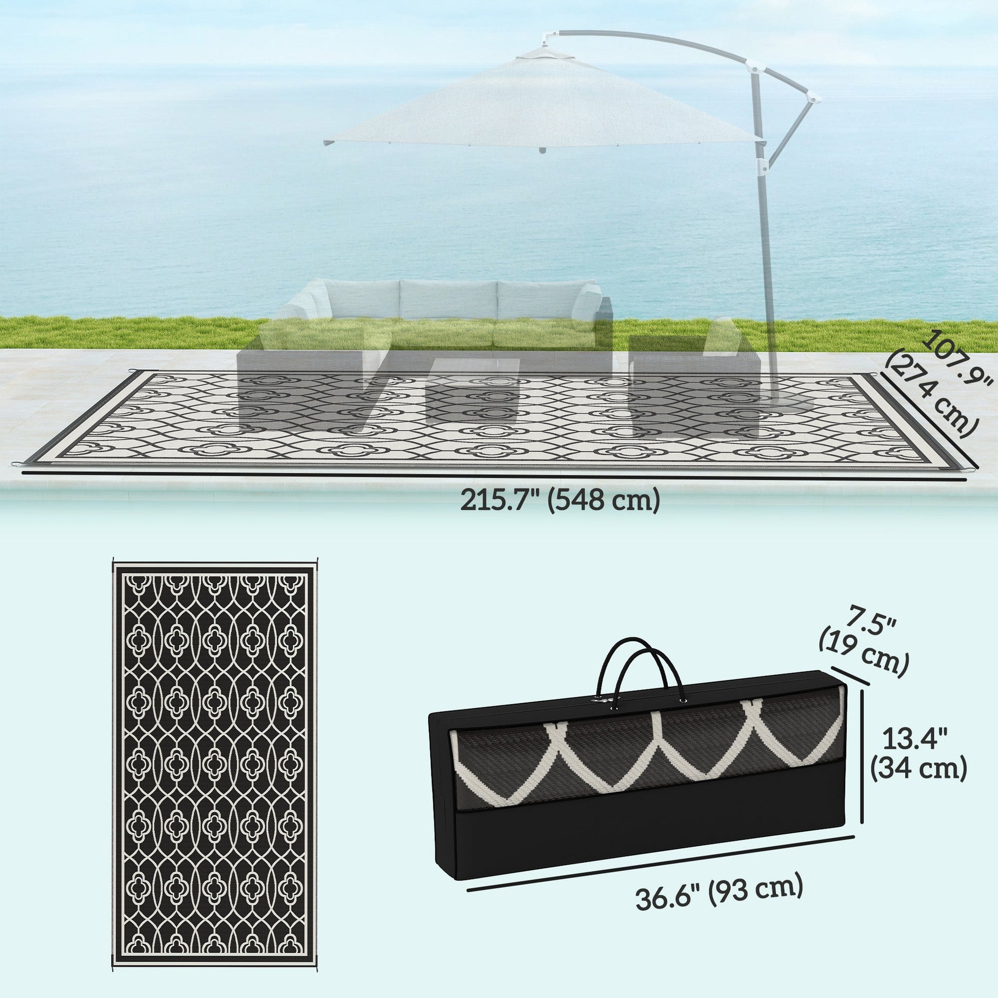 Reversible Outdoor RV Rug with Carry Bag, 9' x 18' Patio Floor Mat, Plastic Straw Rug for Backyard, Deck, Picnic, Beach, Camping, Lantern, Black and White
