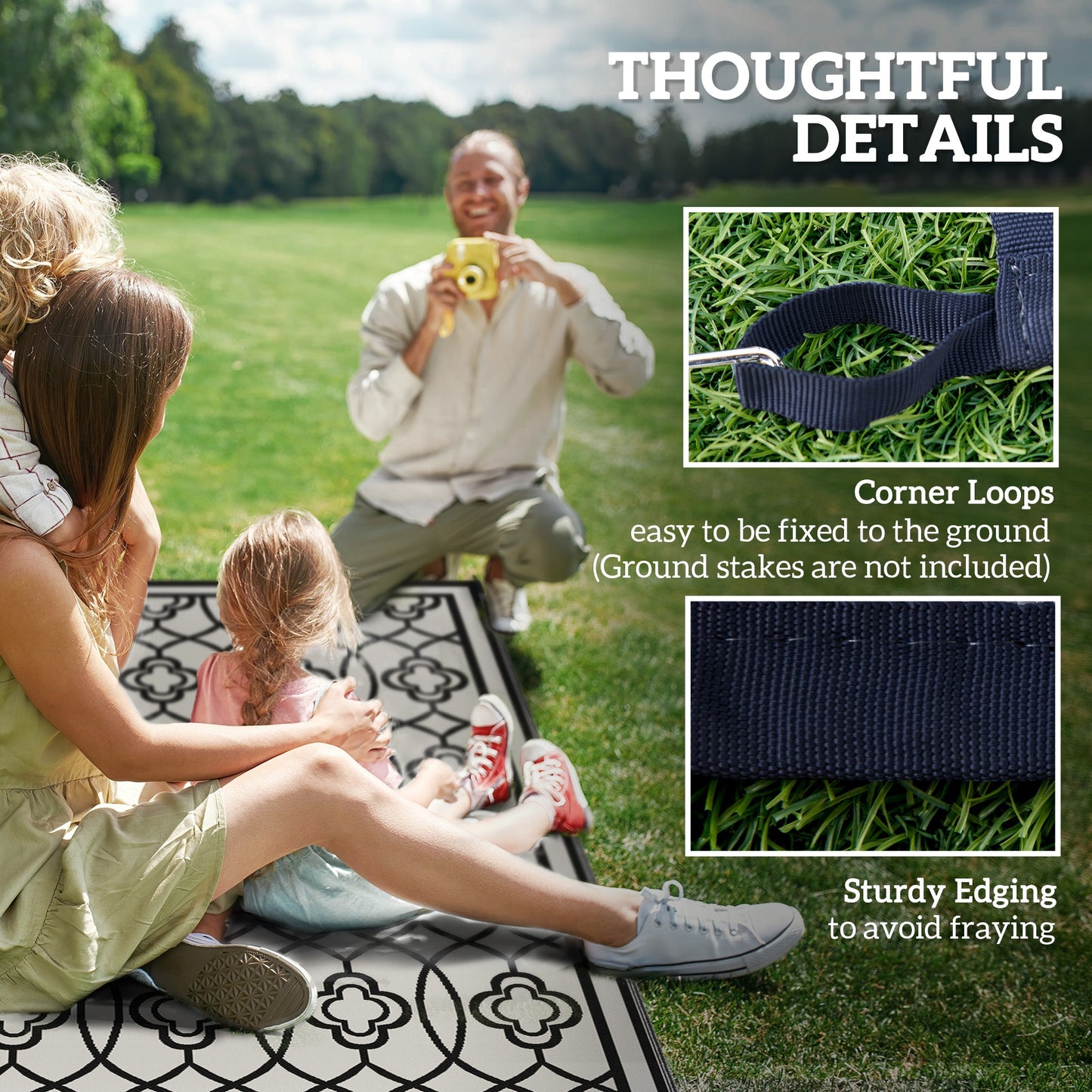 Reversible Outdoor RV Rug with Carry Bag, 9' x 18' Patio Floor Mat, Plastic Straw Rug for Backyard, Deck, Picnic, Beach, Camping, Lantern, Black and White
