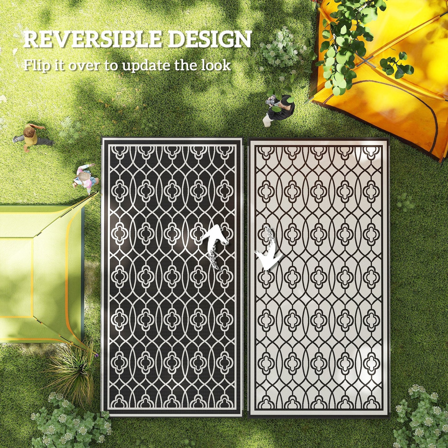 Reversible Outdoor RV Rug with Carry Bag, 9' x 18' Patio Floor Mat, Plastic Straw Rug for Backyard, Deck, Picnic, Beach, Camping, Lantern, Black and White