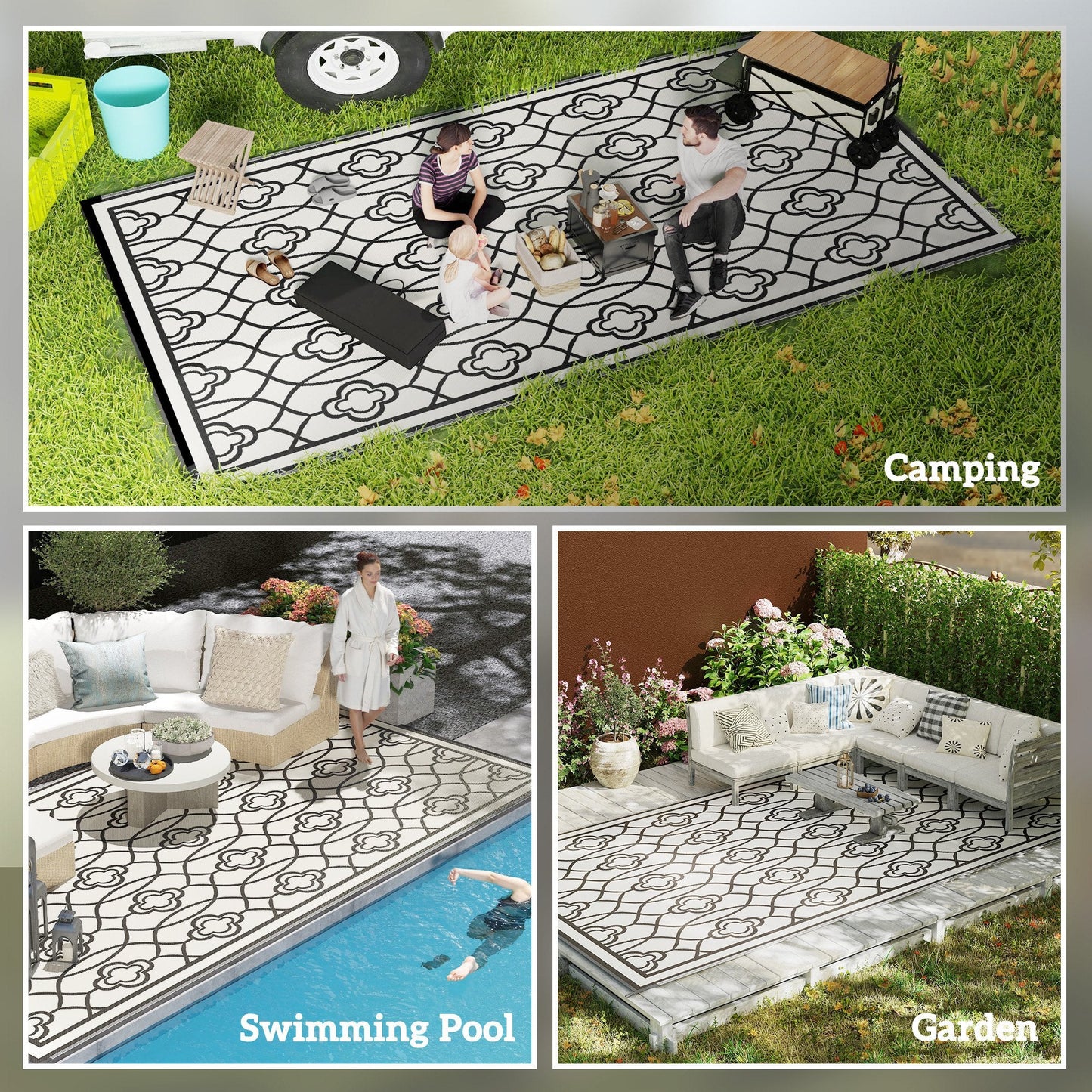 Reversible Outdoor RV Rug with Carry Bag, 9' x 18' Patio Floor Mat, Plastic Straw Rug for Backyard, Deck, Picnic, Beach, Camping, Lantern, Black and White