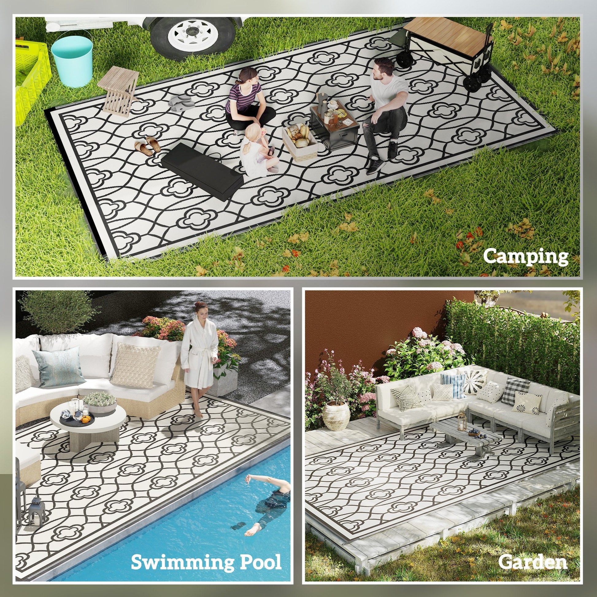 Reversible Outdoor RV Rug with Carry Bag, 9' x 18' Patio Floor Mat, Plastic Straw Rug for Backyard, Deck, Picnic, Beach, Camping, Lantern, Black and White