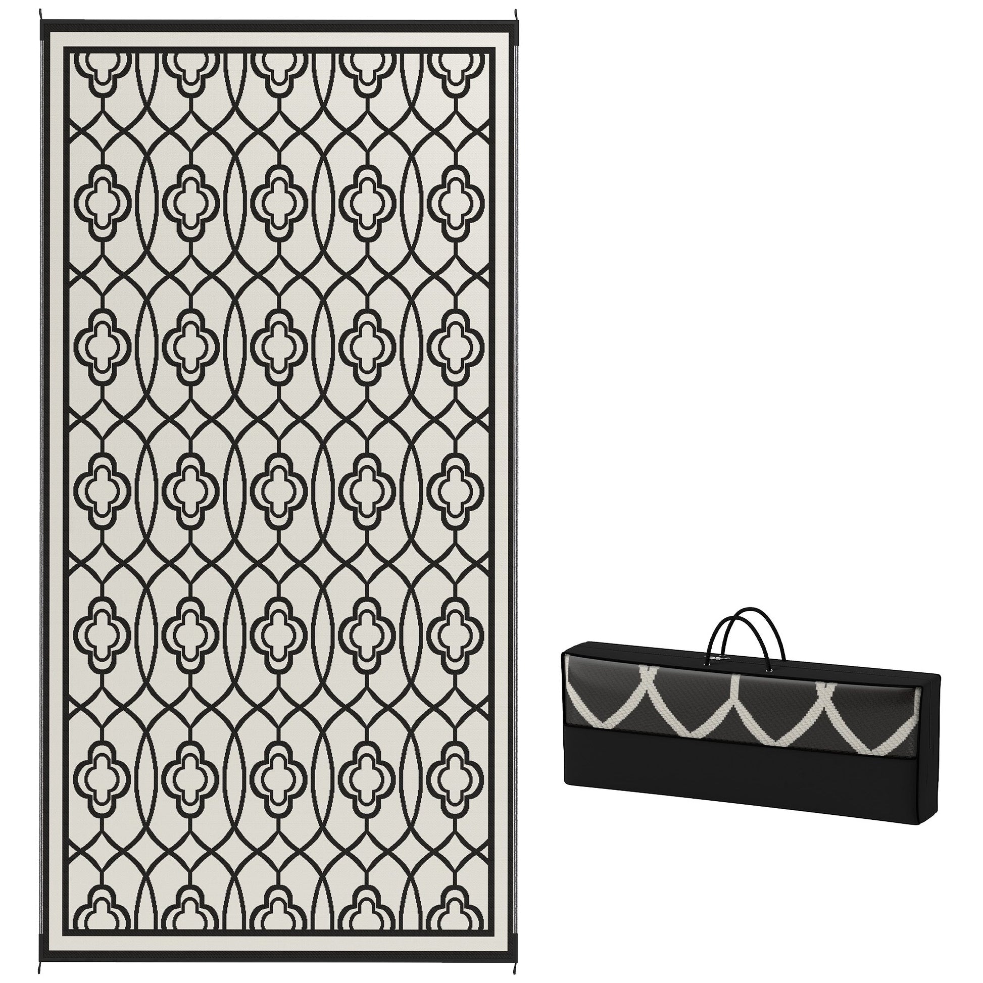 Reversible Outdoor RV Rug with Carry Bag, 9' x 18' Patio Floor Mat, Plastic Straw Rug for Backyard, Deck, Picnic, Beach, Camping, Lantern, Black and White