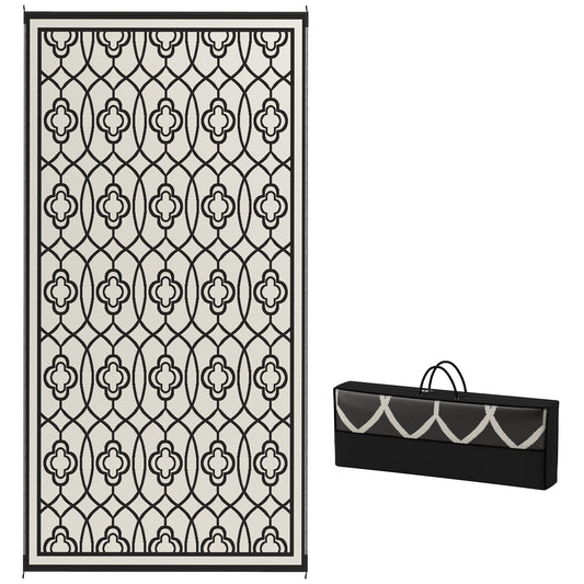 Reversible Outdoor RV Rug with Carry Bag, 9' x 18' Patio Floor Mat, Plastic Straw Rug for Backyard, Deck, Picnic, Beach, Camping, Lantern, Black and White
