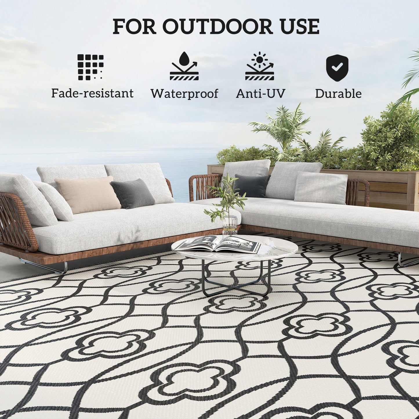 Reversible Outdoor RV Rug with Carry Bag, 9' x 18' Patio Floor Mat, Plastic Straw Rug for Backyard, Deck, Picnic, Beach, Camping, Lantern, Black and White