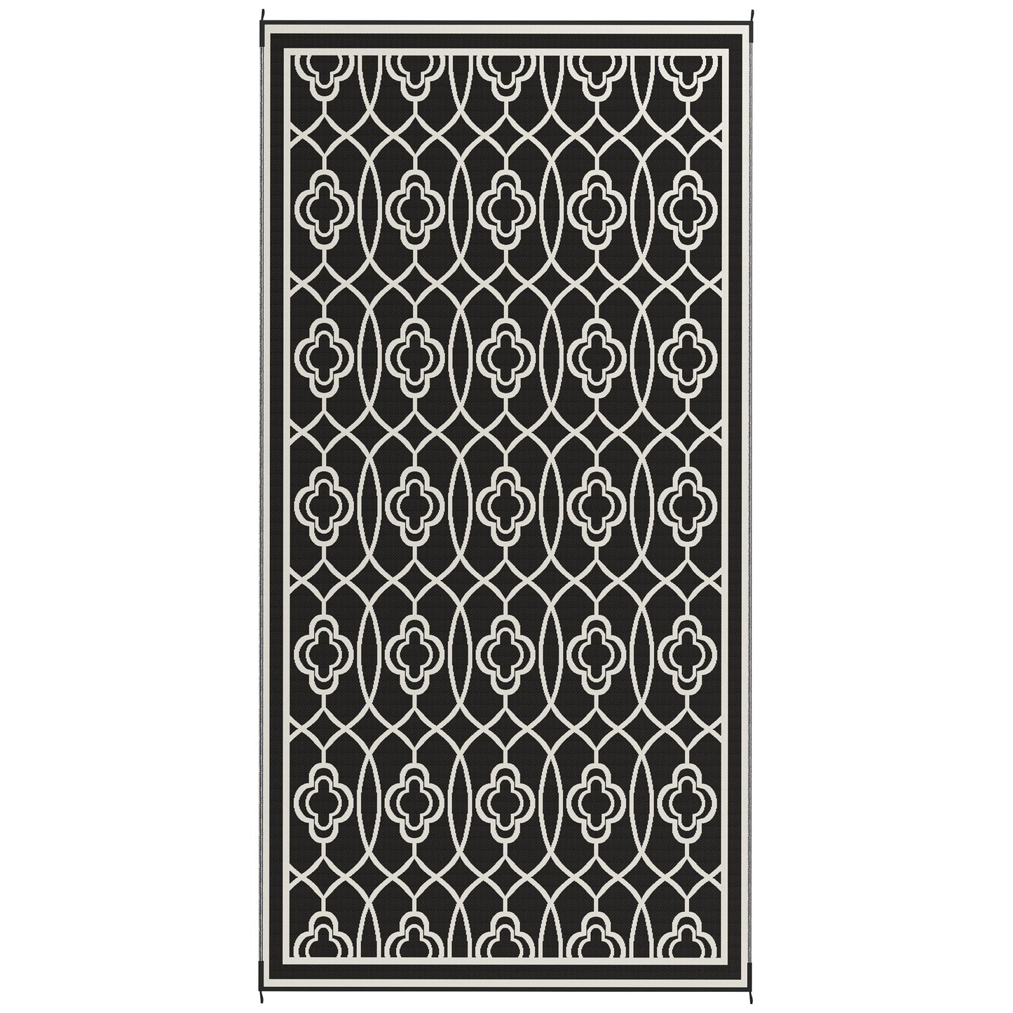 Reversible Outdoor RV Rug with Carry Bag, 9' x 18' Patio Floor Mat, Plastic Straw Rug for Backyard, Deck, Picnic, Beach, Camping, Lantern, Black and White