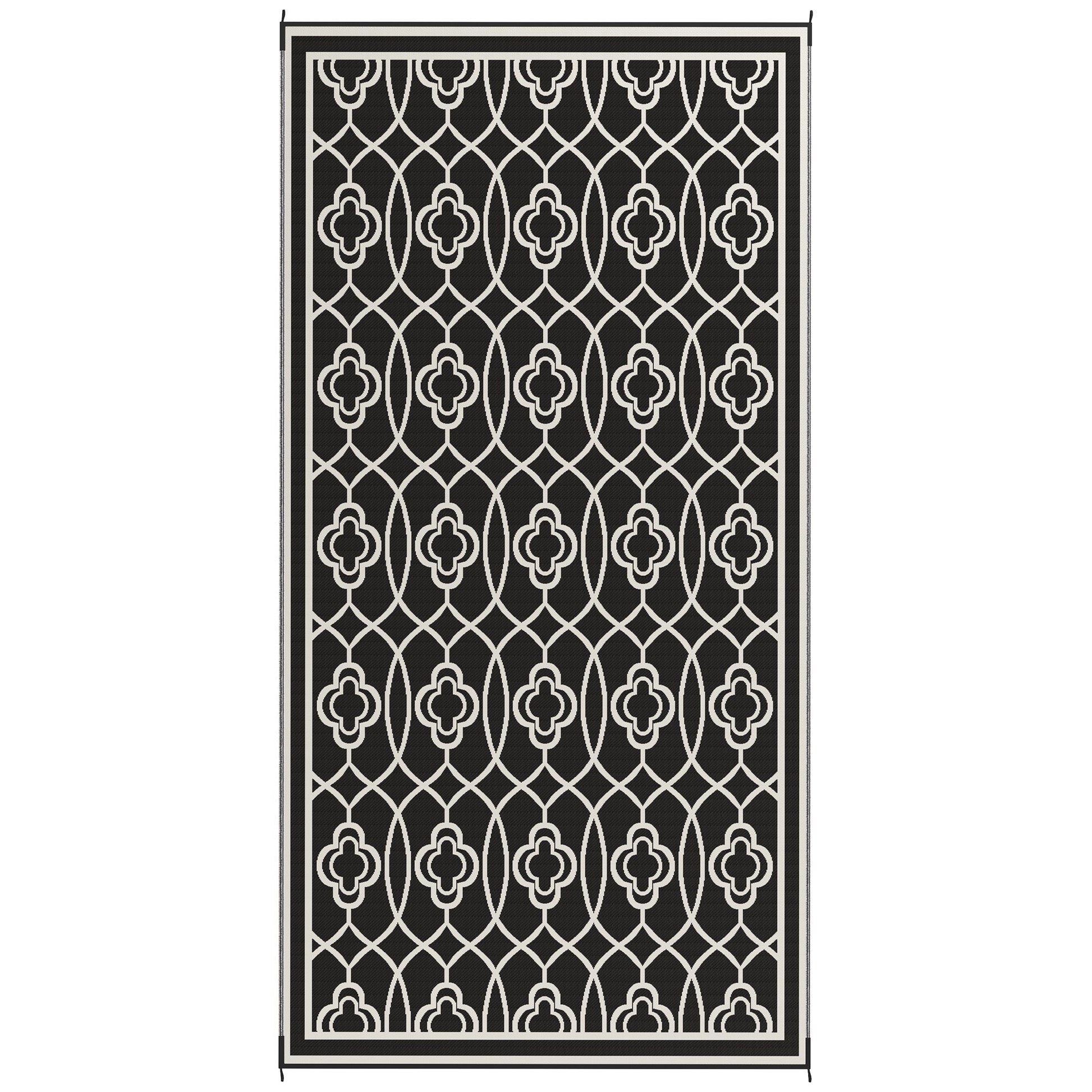 Reversible Outdoor RV Rug with Carry Bag, 9' x 18' Patio Floor Mat, Plastic Straw Rug for Backyard, Deck, Picnic, Beach, Camping, Lantern, Black and White