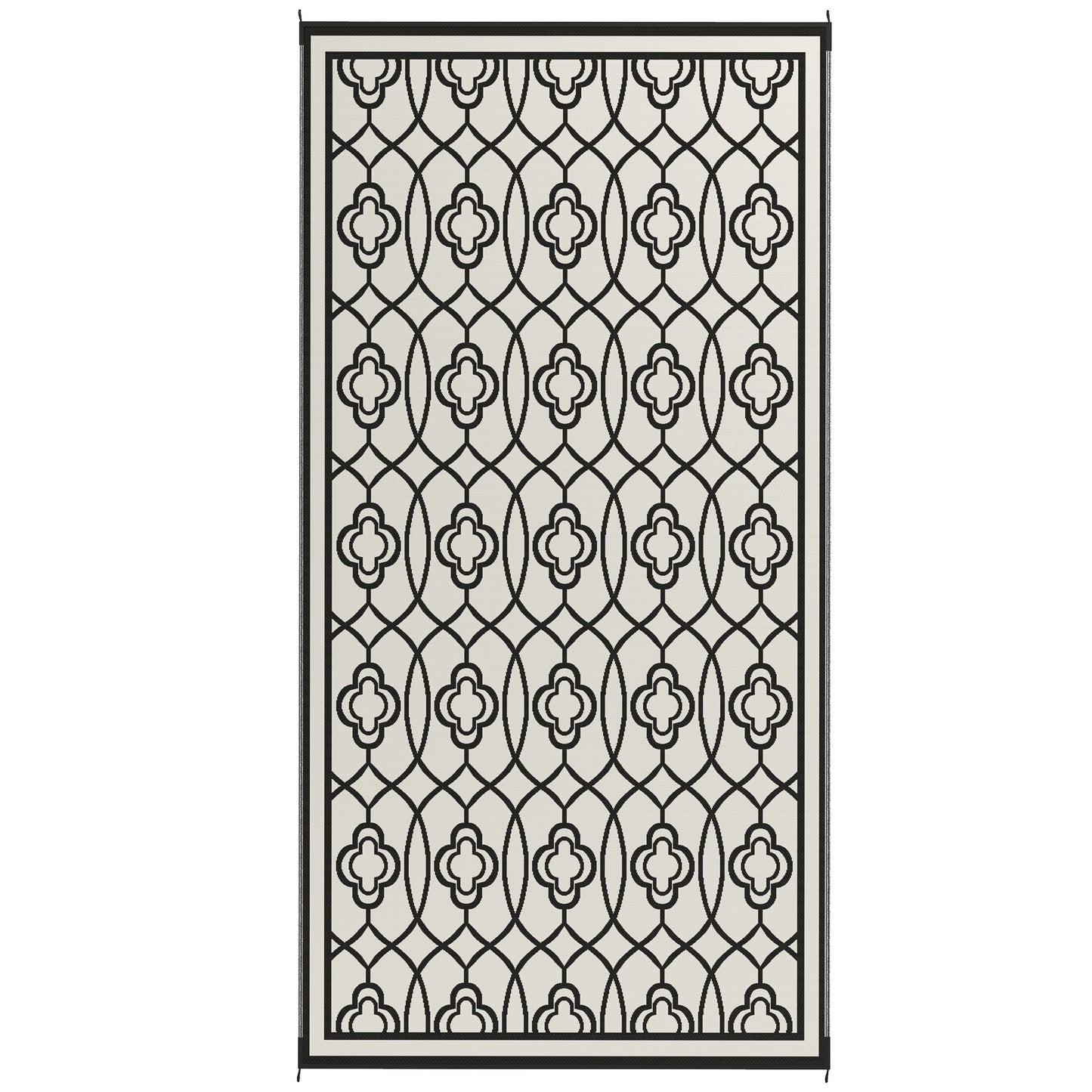 Reversible Outdoor RV Rug with Carry Bag, 9' x 18' Patio Floor Mat, Plastic Straw Rug for Backyard, Deck, Picnic, Beach, Camping, Lantern, Black and White