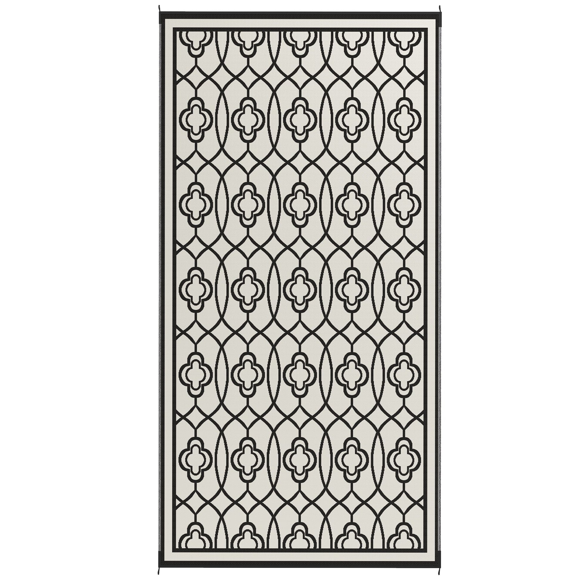Reversible Outdoor RV Rug with Carry Bag, 9' x 18' Patio Floor Mat, Plastic Straw Rug for Backyard, Deck, Picnic, Beach, Camping, Lantern, Black and White