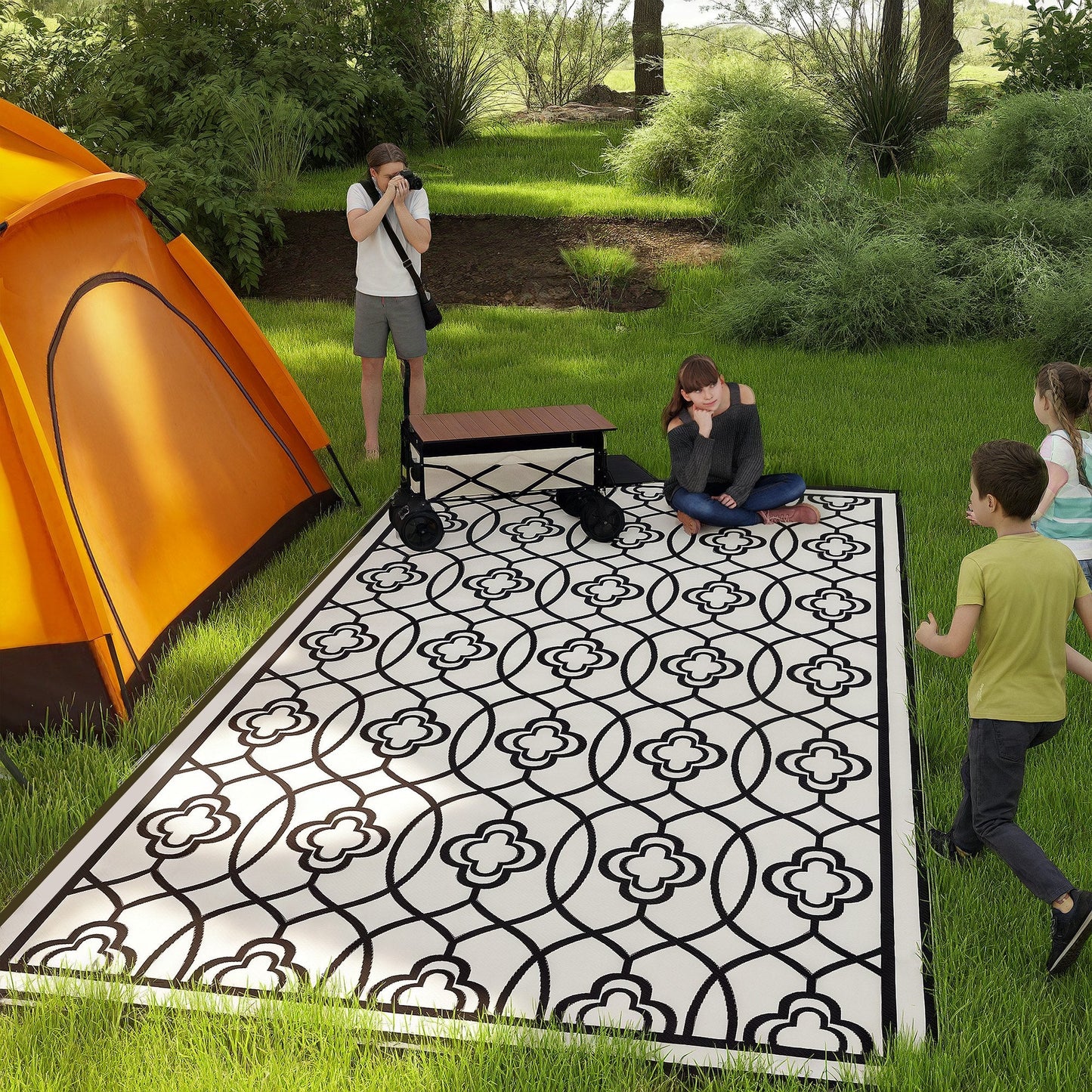 Reversible Outdoor RV Rug with Carry Bag, 9' x 18' Patio Floor Mat, Plastic Straw Rug for Backyard, Deck, Picnic, Beach, Camping, Lantern, Black and White