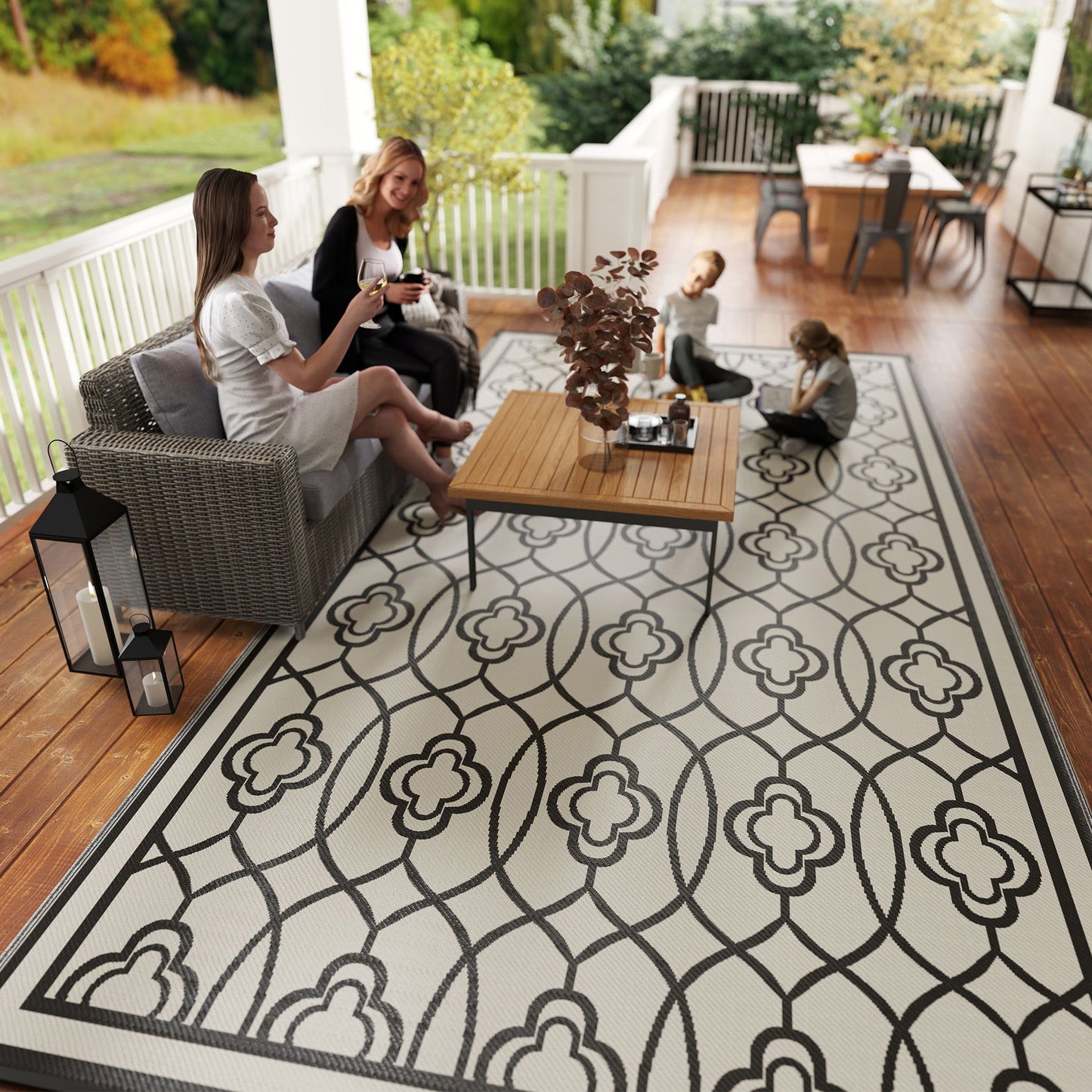 Reversible Outdoor RV Rug with Carry Bag, 9' x 18' Patio Floor Mat, Plastic Straw Rug for Backyard, Deck, Picnic, Beach, Camping, Lantern, Black and White