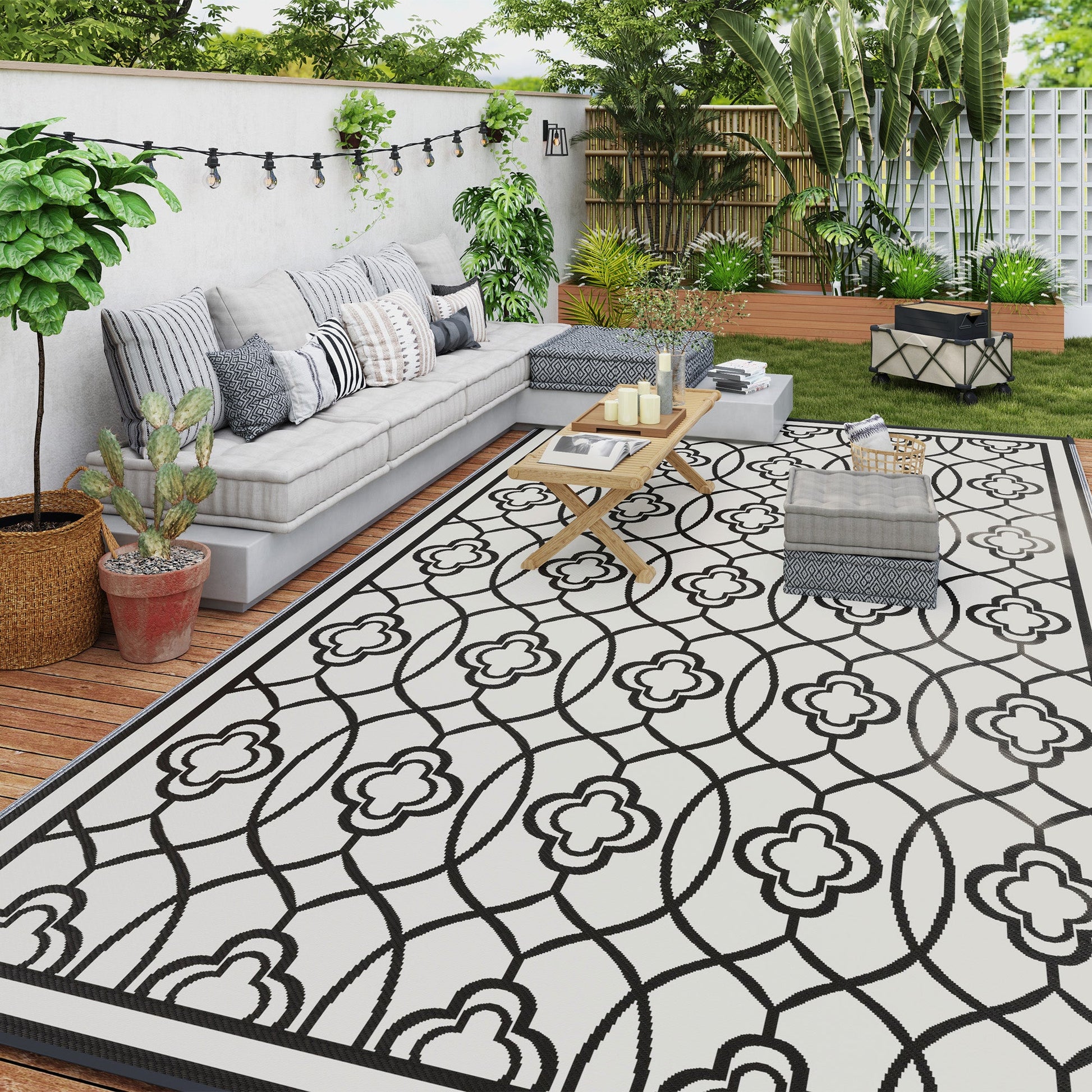 Reversible Outdoor RV Rug with Carry Bag, 9' x 18' Patio Floor Mat, Plastic Straw Rug for Backyard, Deck, Picnic, Beach, Camping, Lantern, Black and White