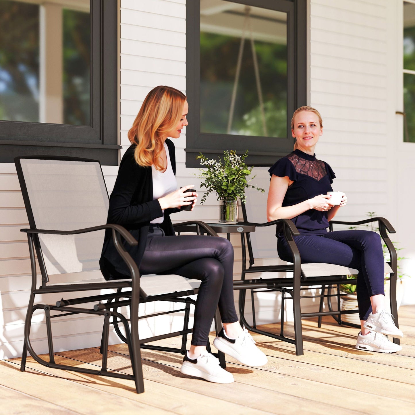 Double Patio Glider Chair with Glass Top Center Table, Outdoor Glider Loveseat with High Back,  All Weather Breathable Mesh Fabric for Garden, Backyard, Deck, Beige