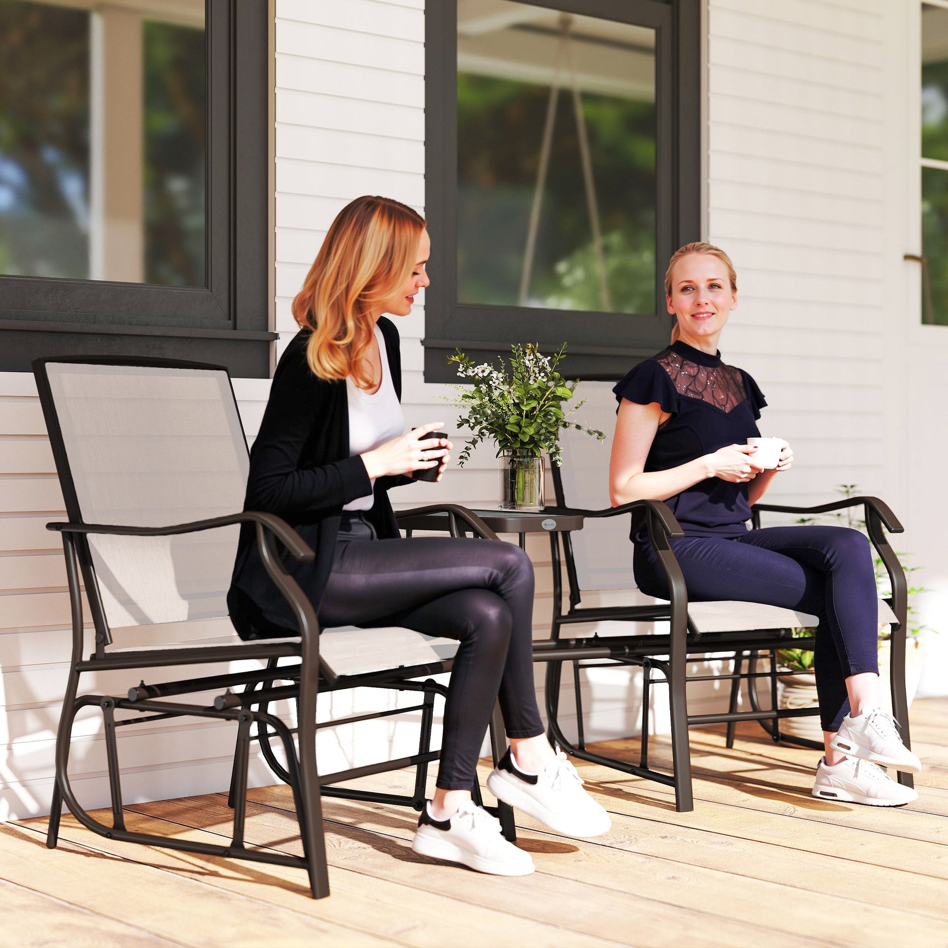 Double Patio Glider Chair with Glass Top Center Table, Outdoor Glider Loveseat with High Back,  All Weather Breathable Mesh Fabric for Garden, Backyard, Deck, Beige