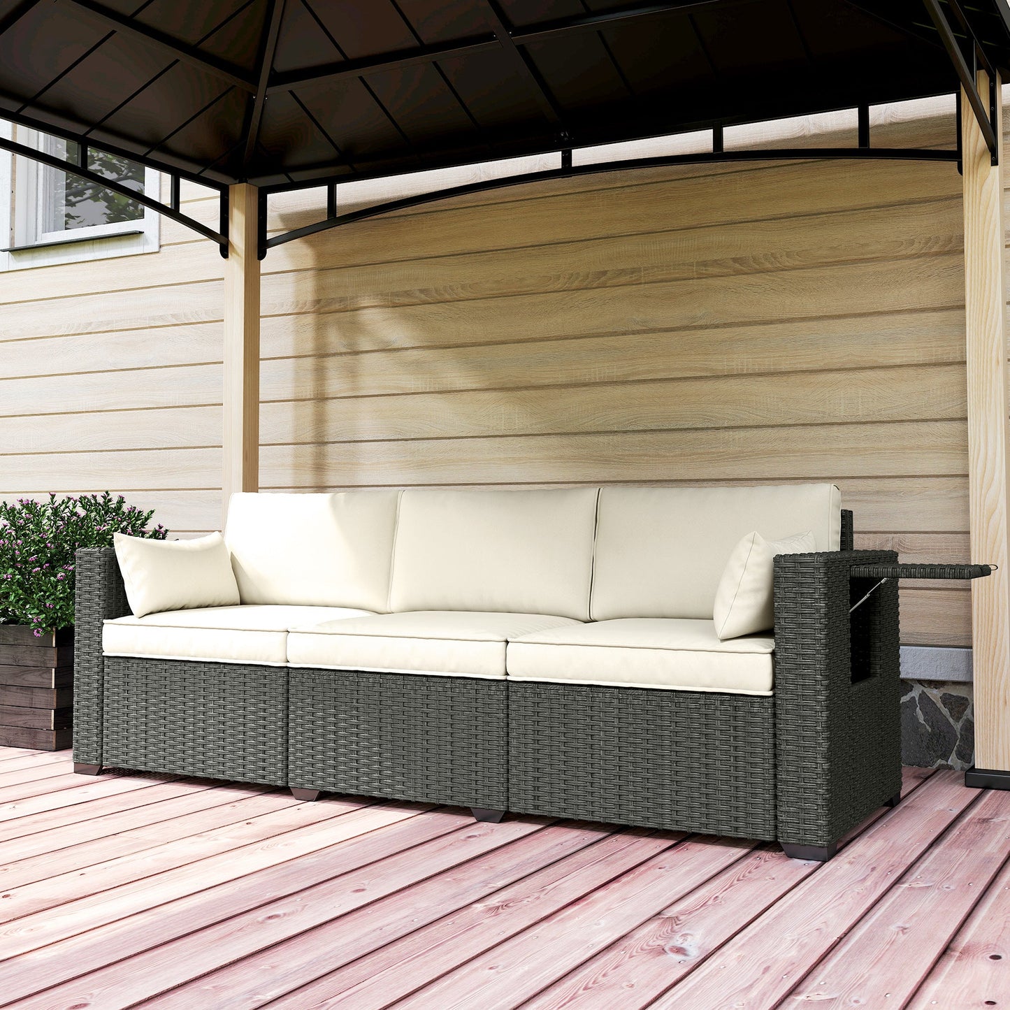 3 Seater Wicker Outdoor Sofa with Side Tray Tables, Poly Rattan Patio Sofa Couch with 6" Thick Back Cushions, Outdoor Couch with Deep Seat, Pillows for Garden, Cream White