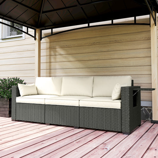3 Seater Wicker Outdoor Sofa with Side Tray Tables, Poly Rattan Patio Sofa Couch with 6" Thick Back Cushions, Outdoor Couch with Deep Seat, Pillows for Garden, Cream White