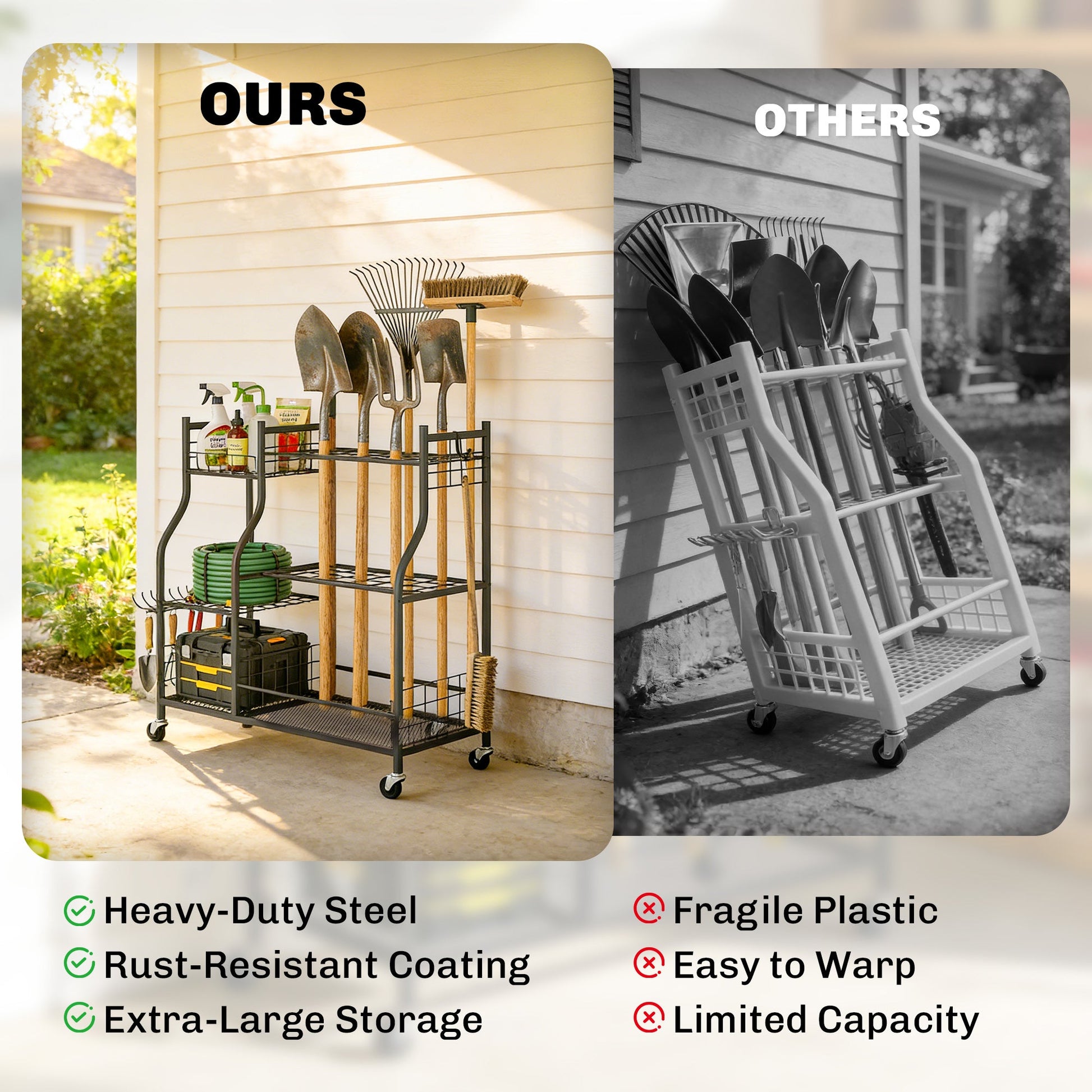 Garden Tool Organizer for Garage, 3-Tier Yard Tool Storage Rack with 74 Slots, 4 Wheels and 11 Hooks for Long-Handled Shovels and Rakes for Shed, Yard, Patio, Black