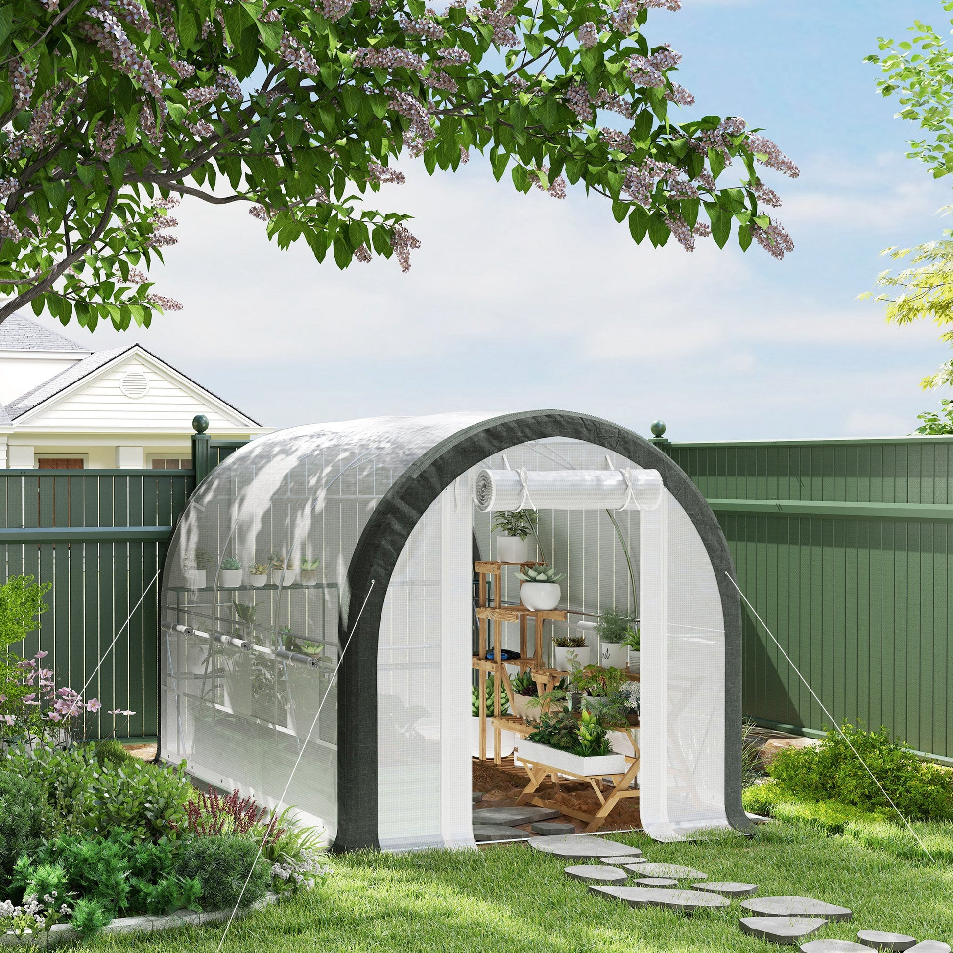 10'x6.6'x6.6' Walk-in Tunnel Greenhouse with Zipped Roll Up Mesh Door, 6 Mesh Windows, Plant Hot House Tent with PE Cover, 6 Plant Labels Gloves, White