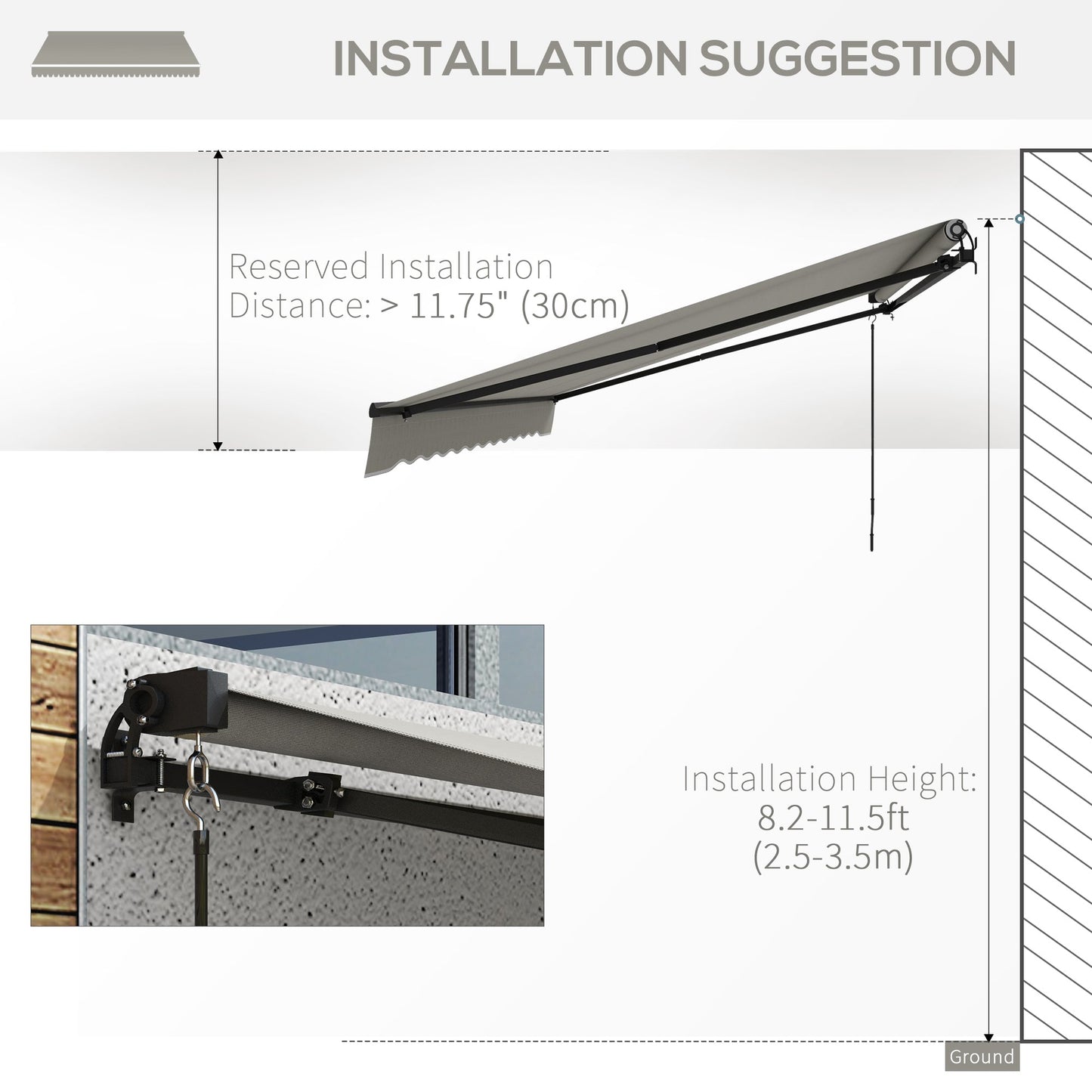  15' x 10' Retractable Awning, Patio Awning Sunshade Shelter with Manual Crank Handle, 280gsm UV Resistant Fabric and Aluminum Frame, for Balcony, Yard, Light Grey