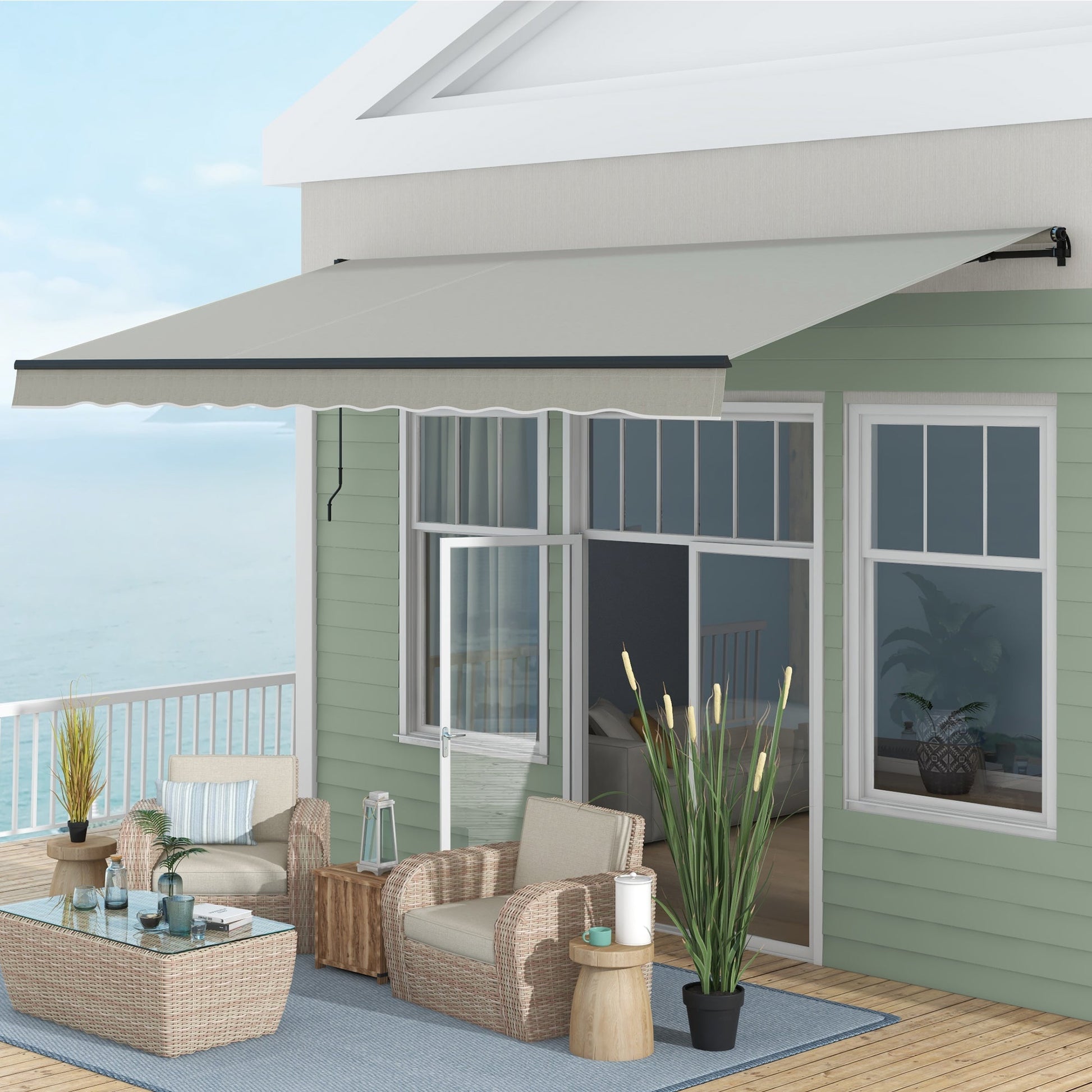  15' x 10' Retractable Awning, Patio Awning Sunshade Shelter with Manual Crank Handle, 280gsm UV Resistant Fabric and Aluminum Frame, for Balcony, Yard, Light Grey