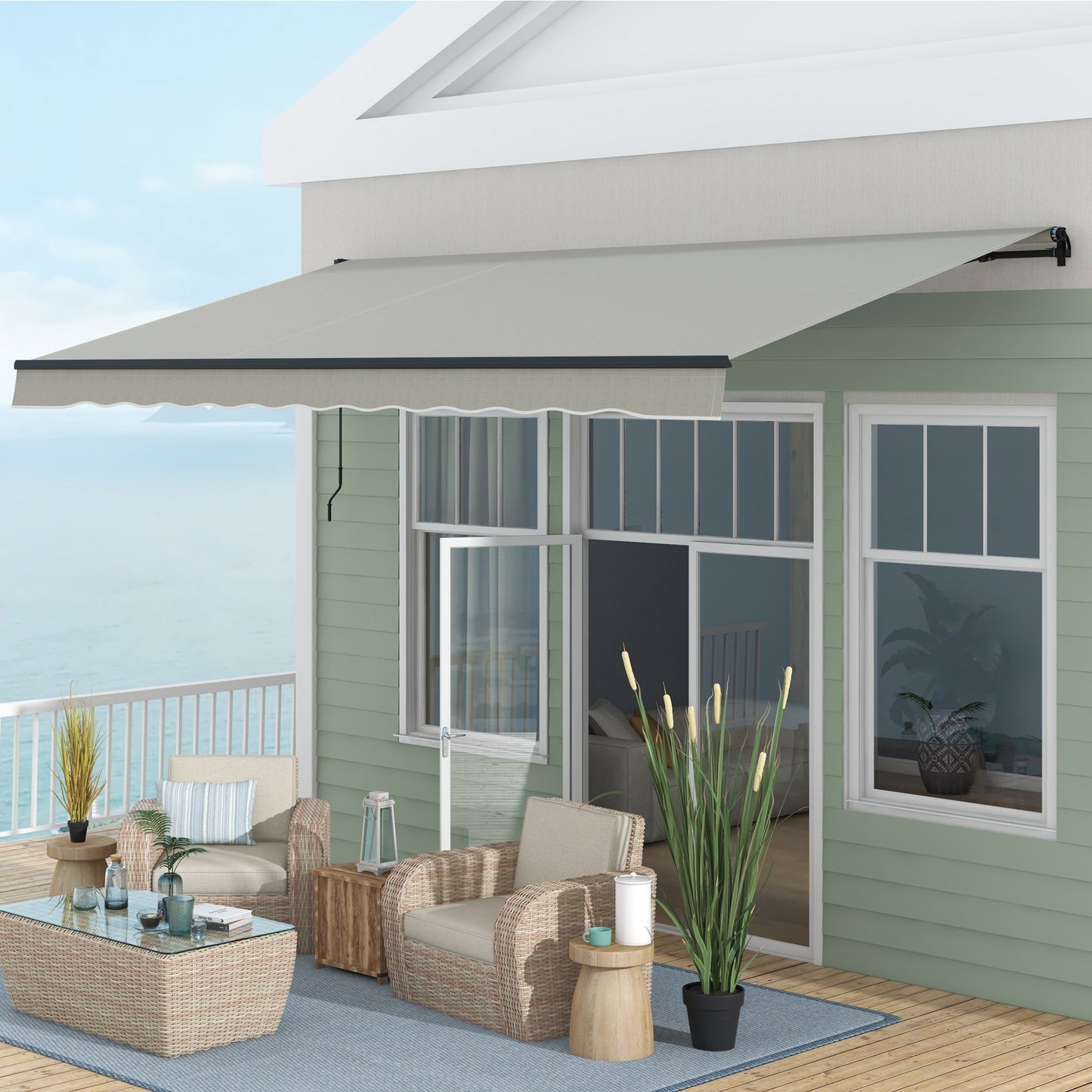  15' x 10' Retractable Awning, Patio Awning Sunshade Shelter with Manual Crank Handle, 280gsm UV Resistant Fabric and Aluminum Frame, for Balcony, Yard, Light Grey