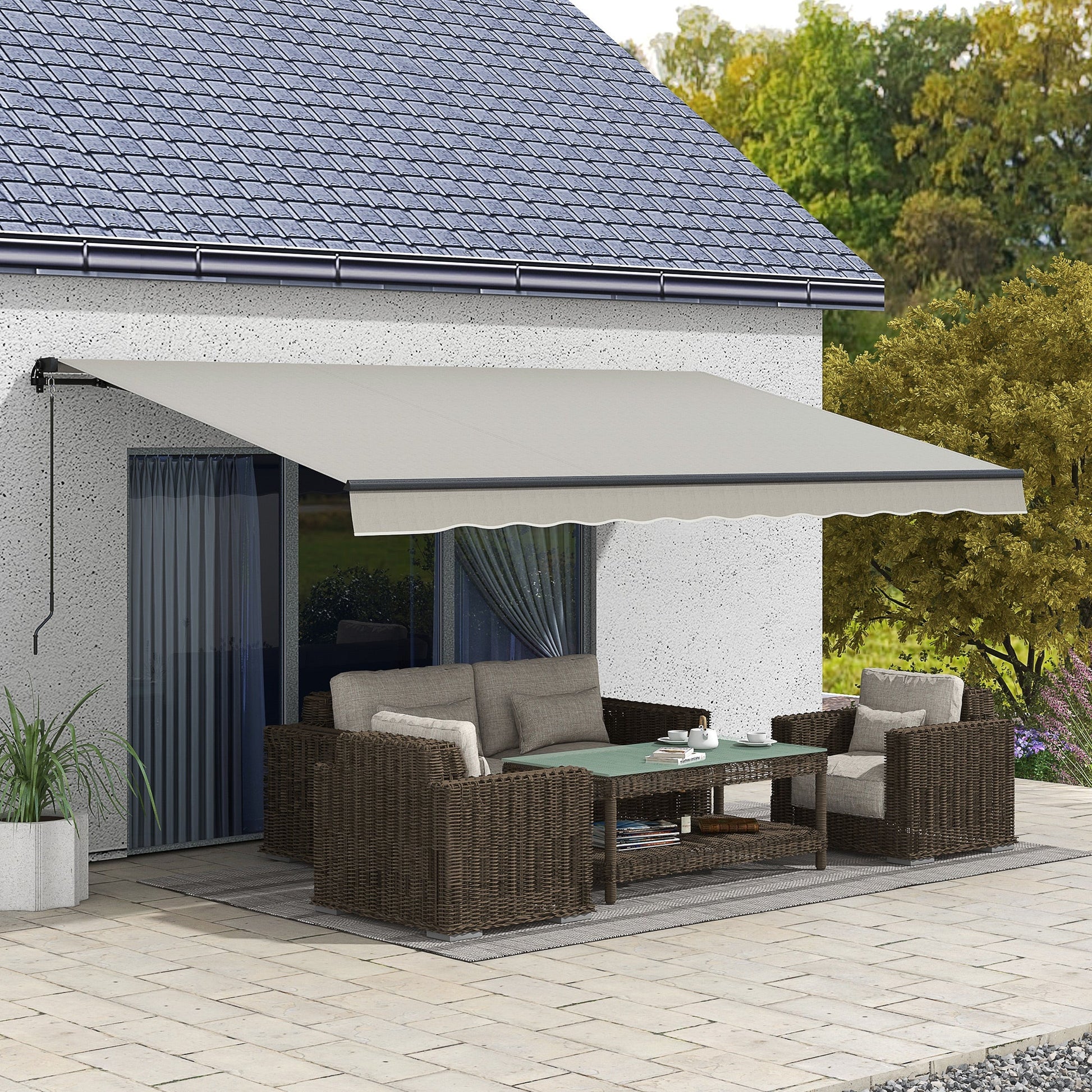  15' x 10' Retractable Awning, Patio Awning Sunshade Shelter with Manual Crank Handle, 280gsm UV Resistant Fabric and Aluminum Frame, for Balcony, Yard, Light Grey