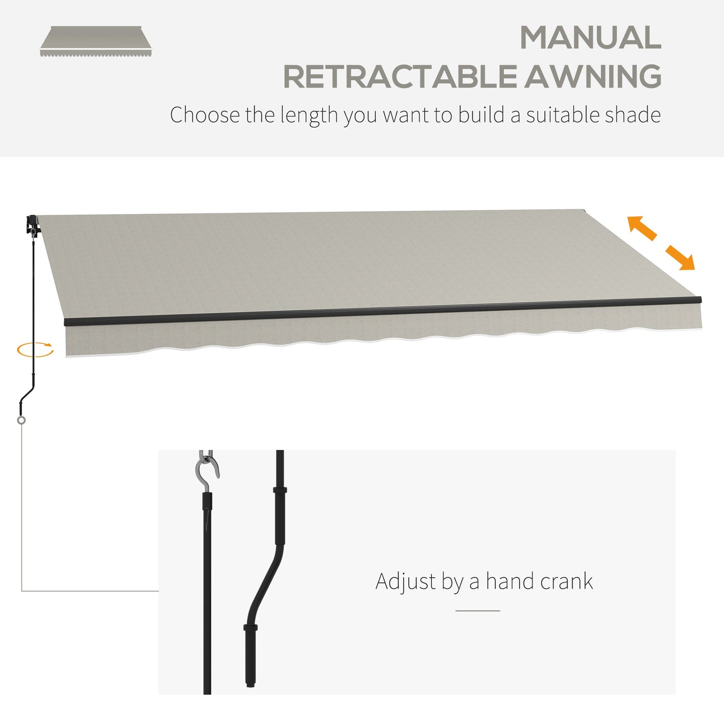  15' x 10' Retractable Awning, Patio Awning Sunshade Shelter with Manual Crank Handle, 280gsm UV Resistant Fabric and Aluminum Frame, for Balcony, Yard, Light Grey