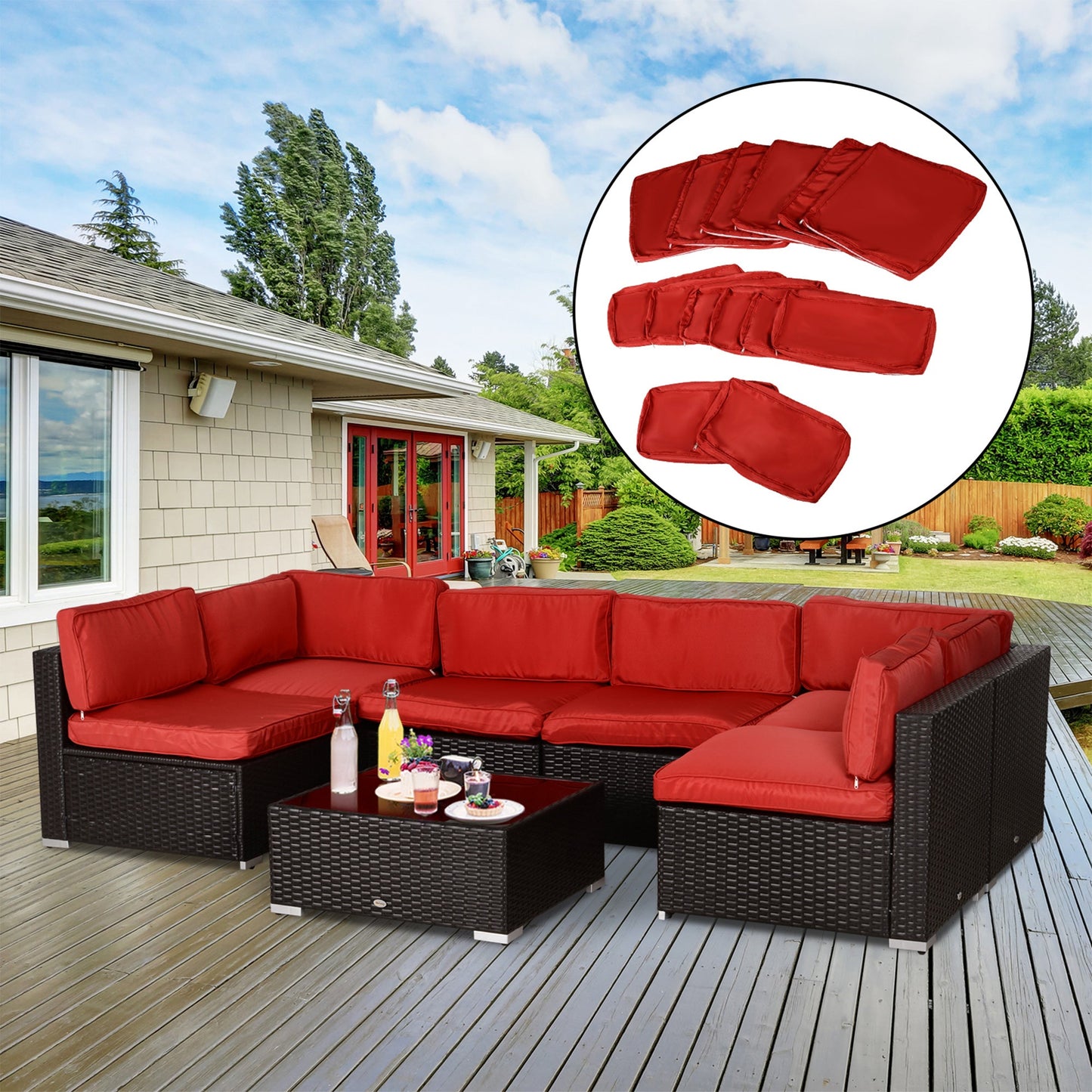 14Pcs Outdoor Cushion Covers, Patio Cushion Covers Replacement for Rattan Sofa Set - No Cushion Included, Red
