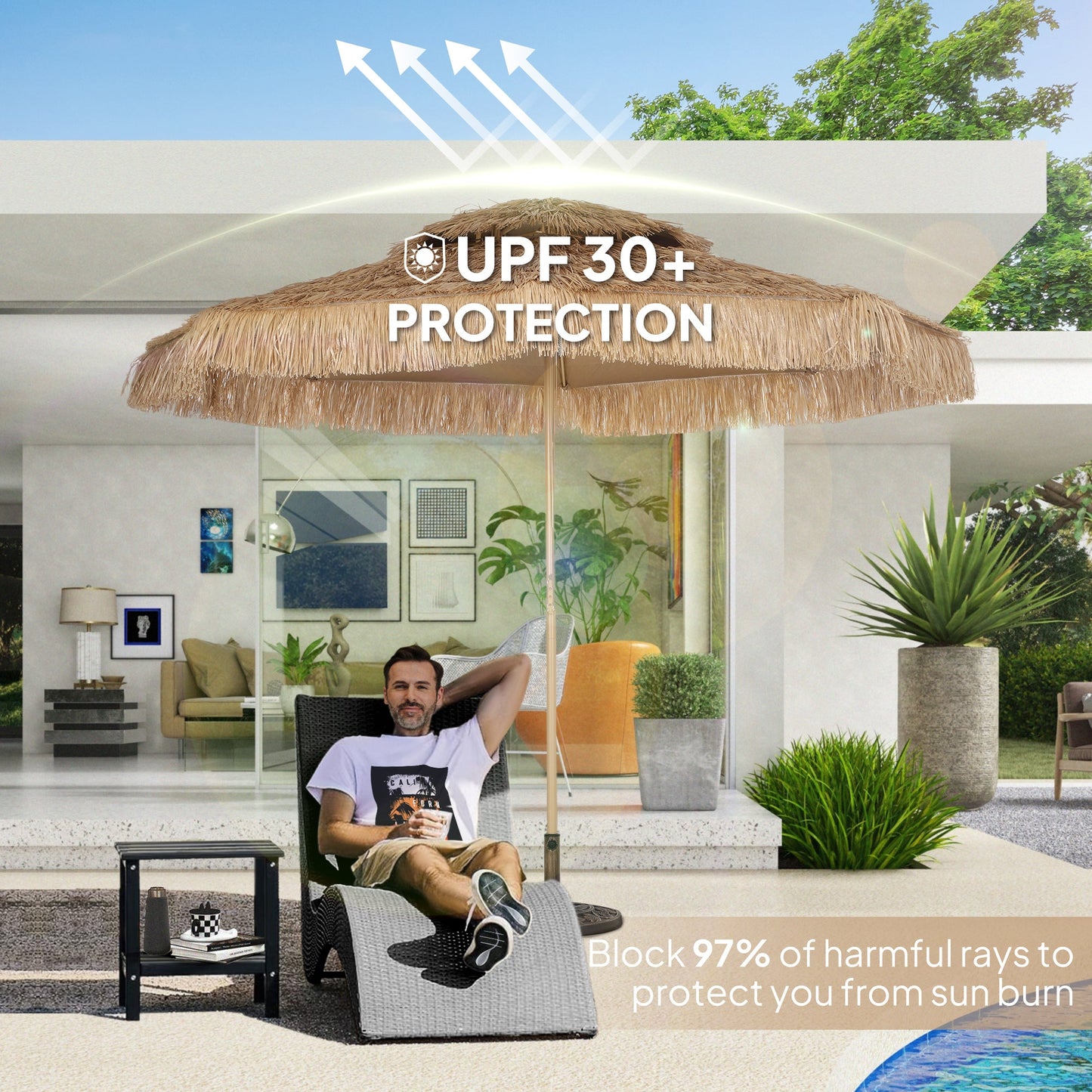 10FT Hula Thatched Tiki Patio Umbrella, 2-Tier Tropical Hawaiian Style Outdoor Umbrella with 8 Ribs, UPF30+, for Garden, Backyard, Deck, Pool, Natural