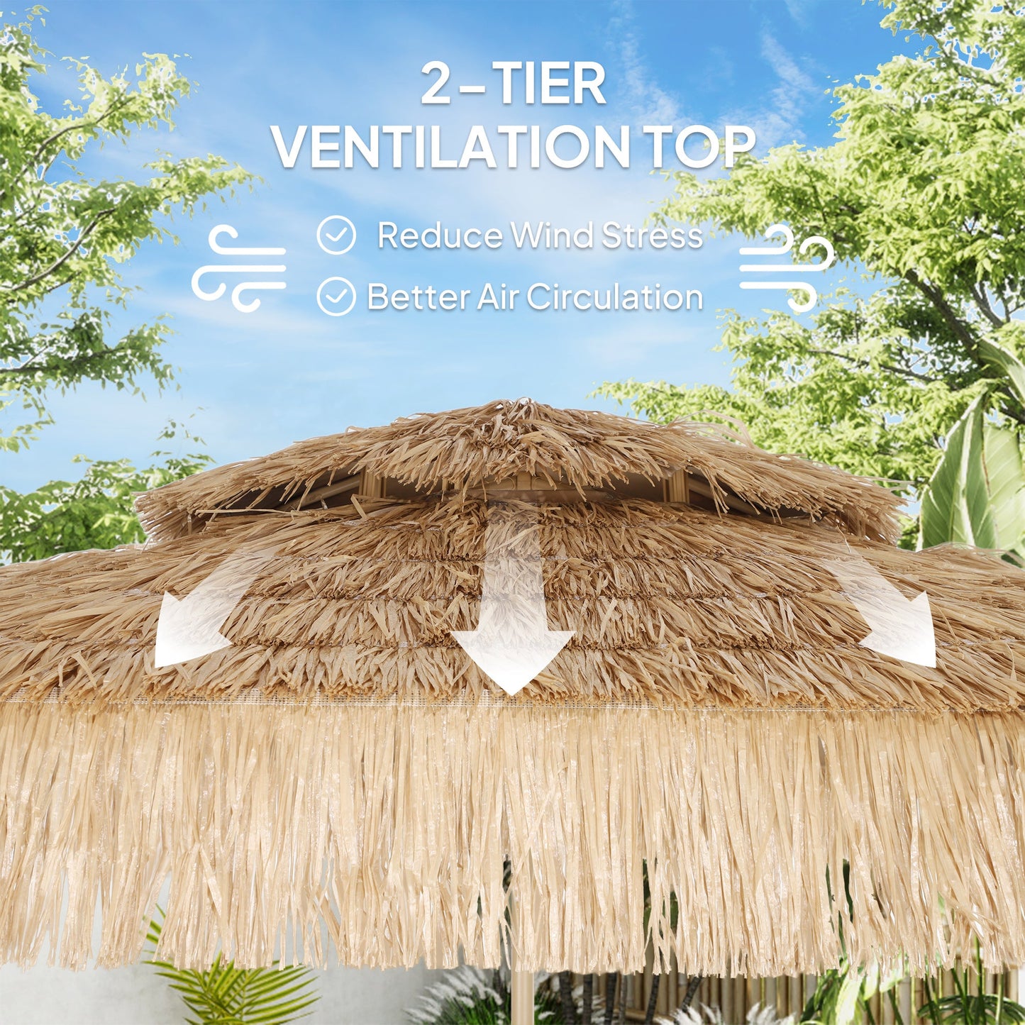 10FT Hula Thatched Tiki Patio Umbrella, 2-Tier Tropical Hawaiian Style Outdoor Umbrella with 8 Ribs, UPF30+, for Garden, Backyard, Deck, Pool, Natural