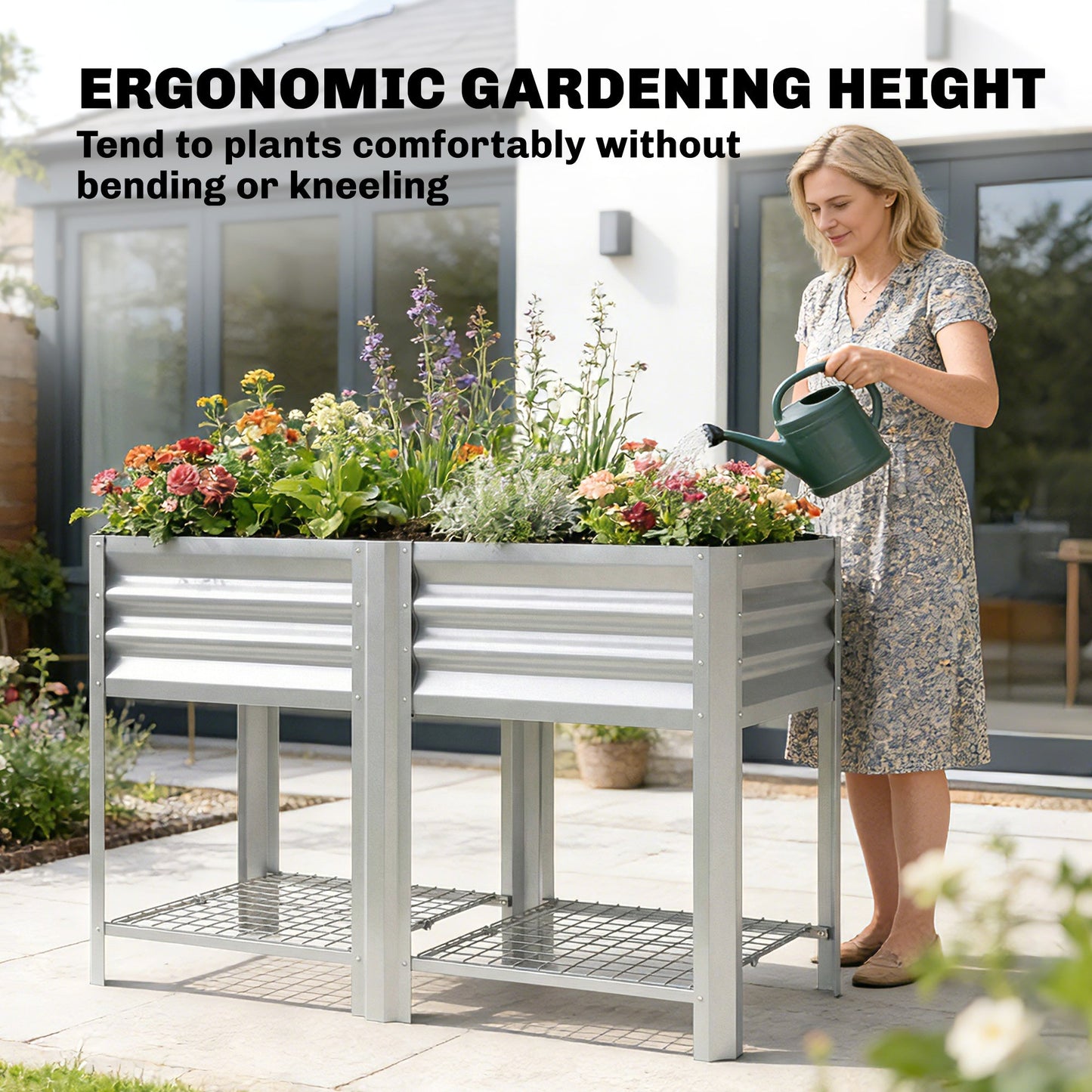 Galvanized Steel Raised Garden Bed, Elevated Planter Box with Legs and Storage Shelf, Raised Planter for Vegetables, Flowers, Herbs, for Outdoor, Patio, Yard, Silver