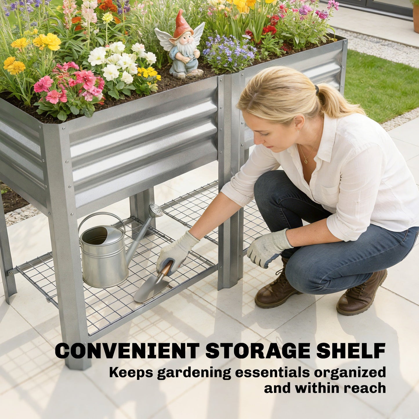 Galvanized Steel Raised Garden Bed, Elevated Planter Box with Legs and Storage Shelf, Raised Planter for Vegetables, Flowers, Herbs, for Outdoor, Patio, Yard, Silver