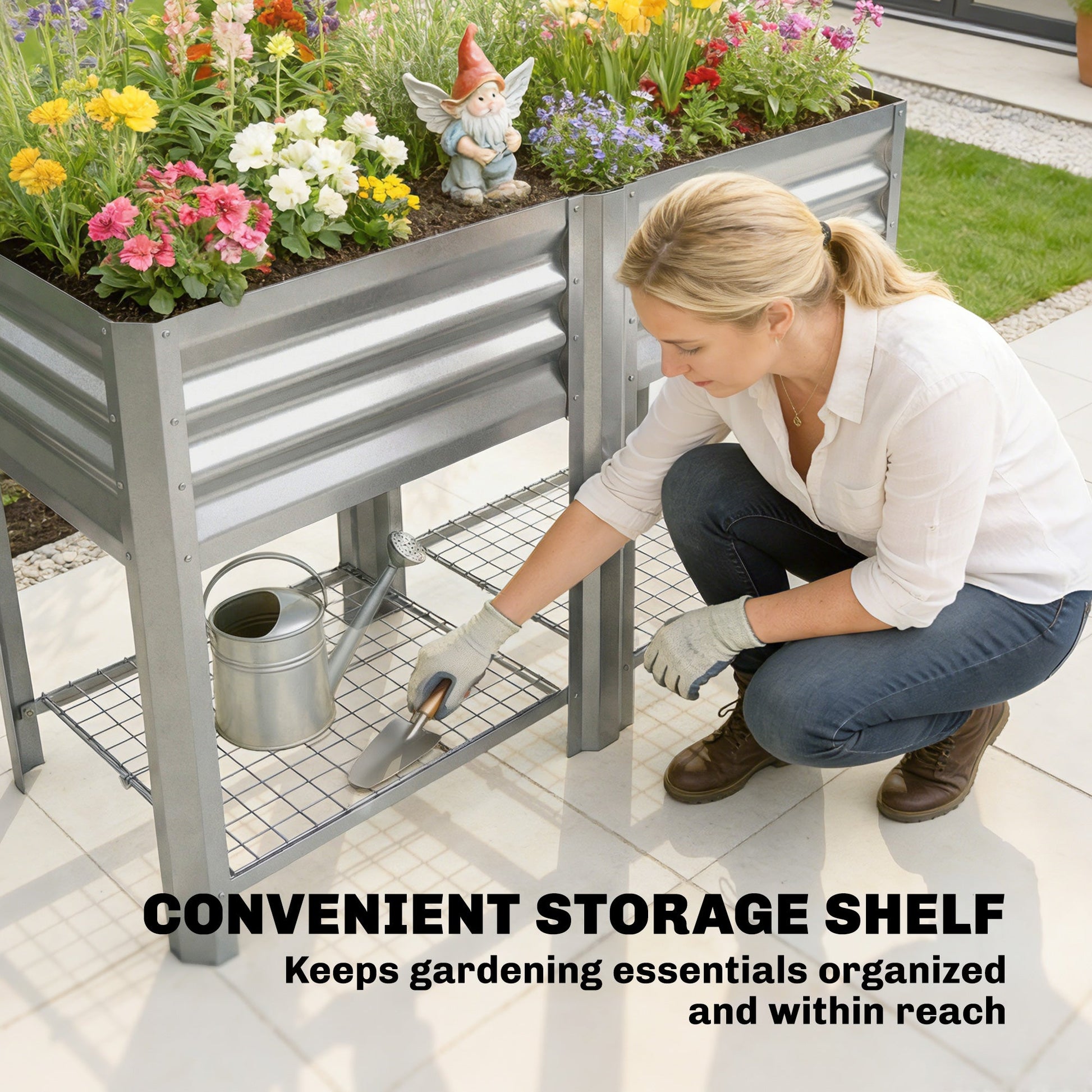 Galvanized Steel Raised Garden Bed, Elevated Planter Box with Legs and Storage Shelf, Raised Planter for Vegetables, Flowers, Herbs, for Outdoor, Patio, Yard, Silver