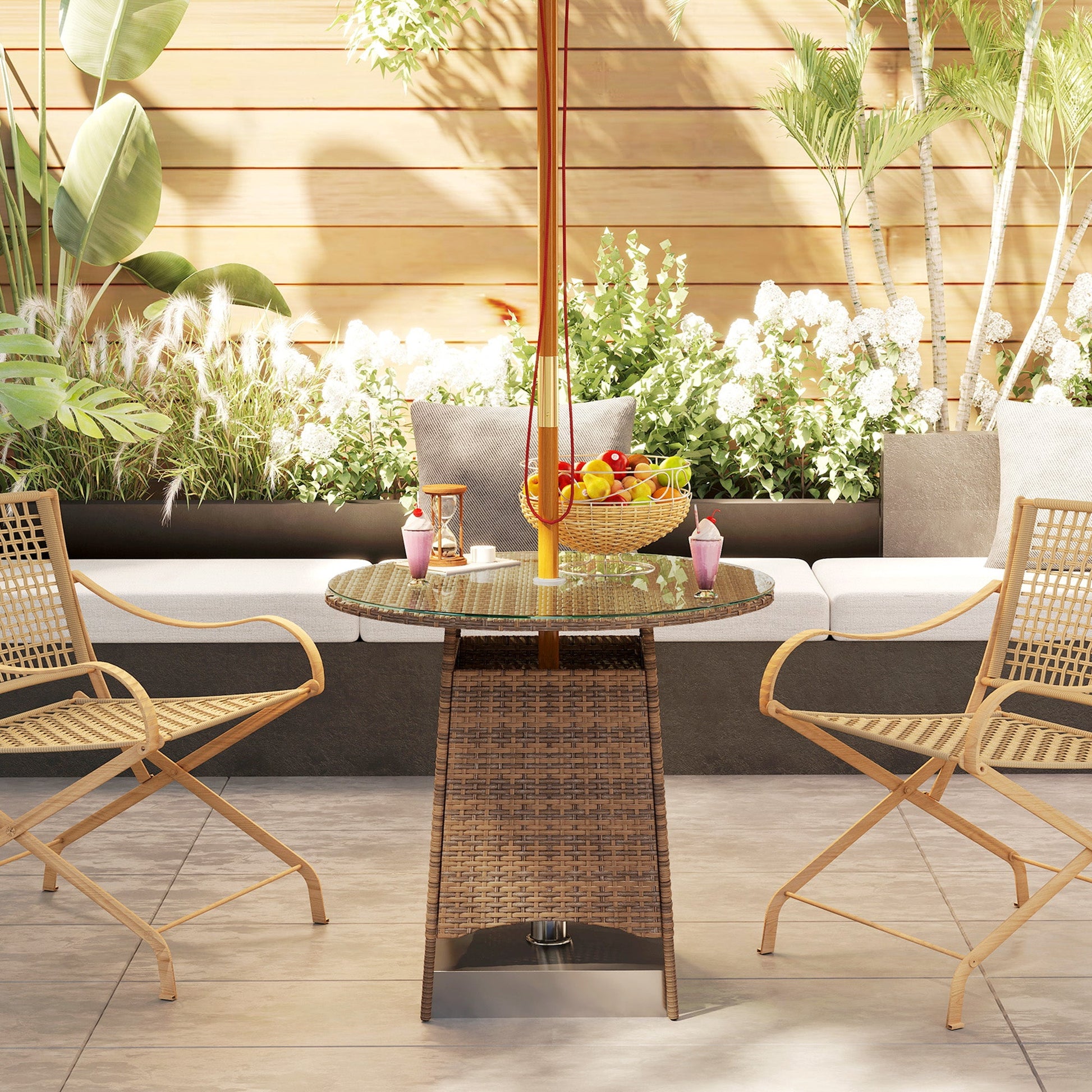 31.5" Outdoor Round Patio Table with Umbrella Hole, All Weather Bistro Coffee Table with Tempered Glass Top for Garden, Balcony, Backyard, Brown