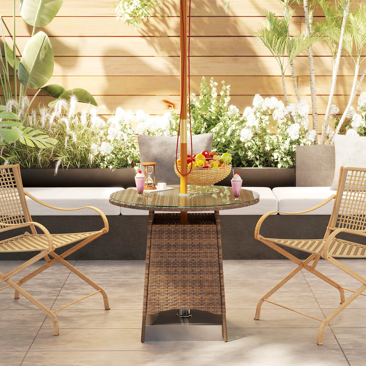 31.5" Outdoor Round Patio Table with Umbrella Hole, All Weather Bistro Coffee Table with Tempered Glass Top for Garden, Balcony, Backyard, Brown