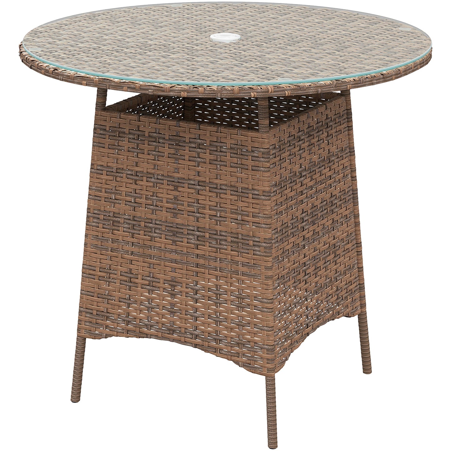 31.5" Outdoor Round Patio Table with Umbrella Hole, All Weather Bistro Coffee Table with Tempered Glass Top for Garden, Balcony, Backyard, Brown