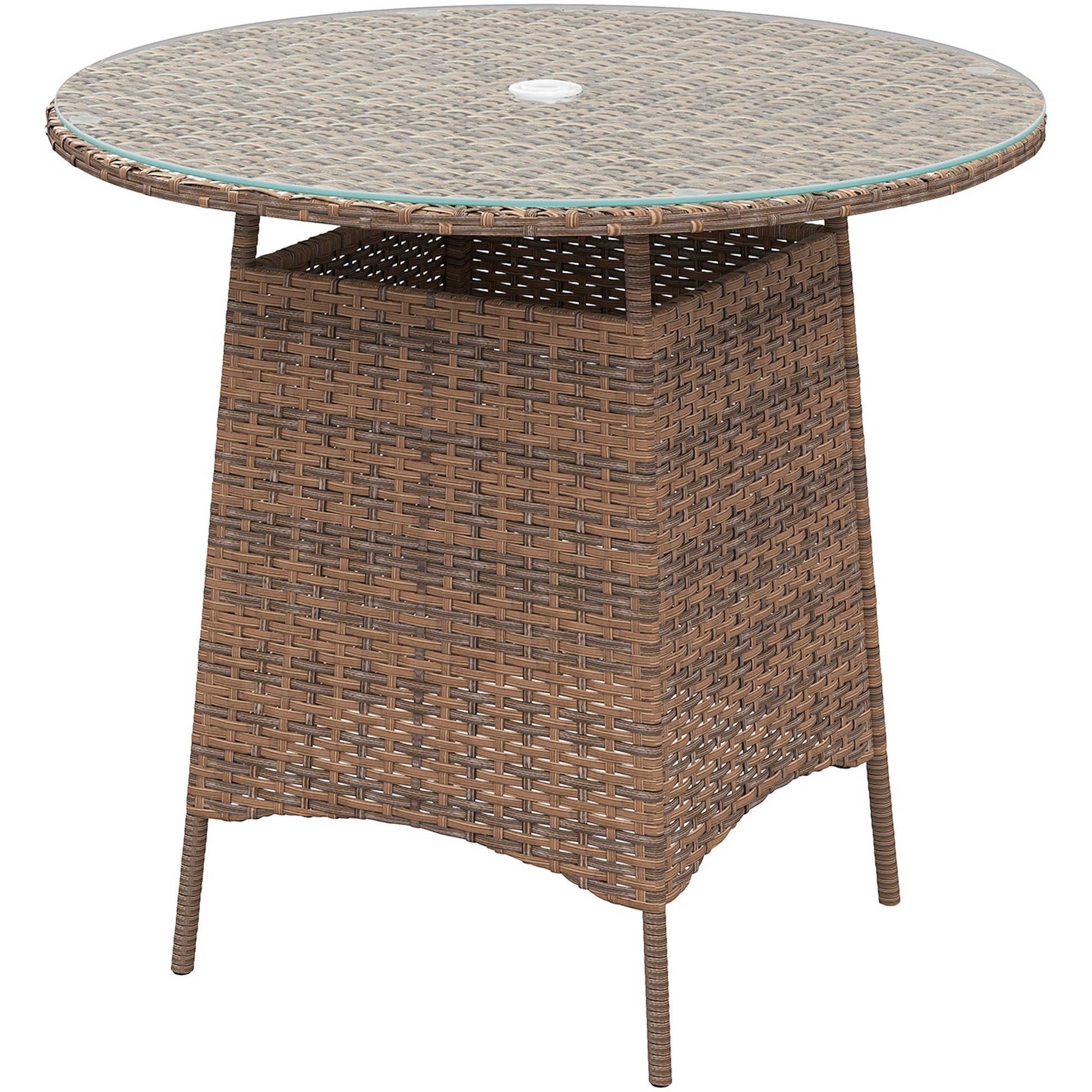 31.5" Outdoor Round Patio Table with Umbrella Hole, All Weather Bistro Coffee Table with Tempered Glass Top for Garden, Balcony, Backyard, Brown